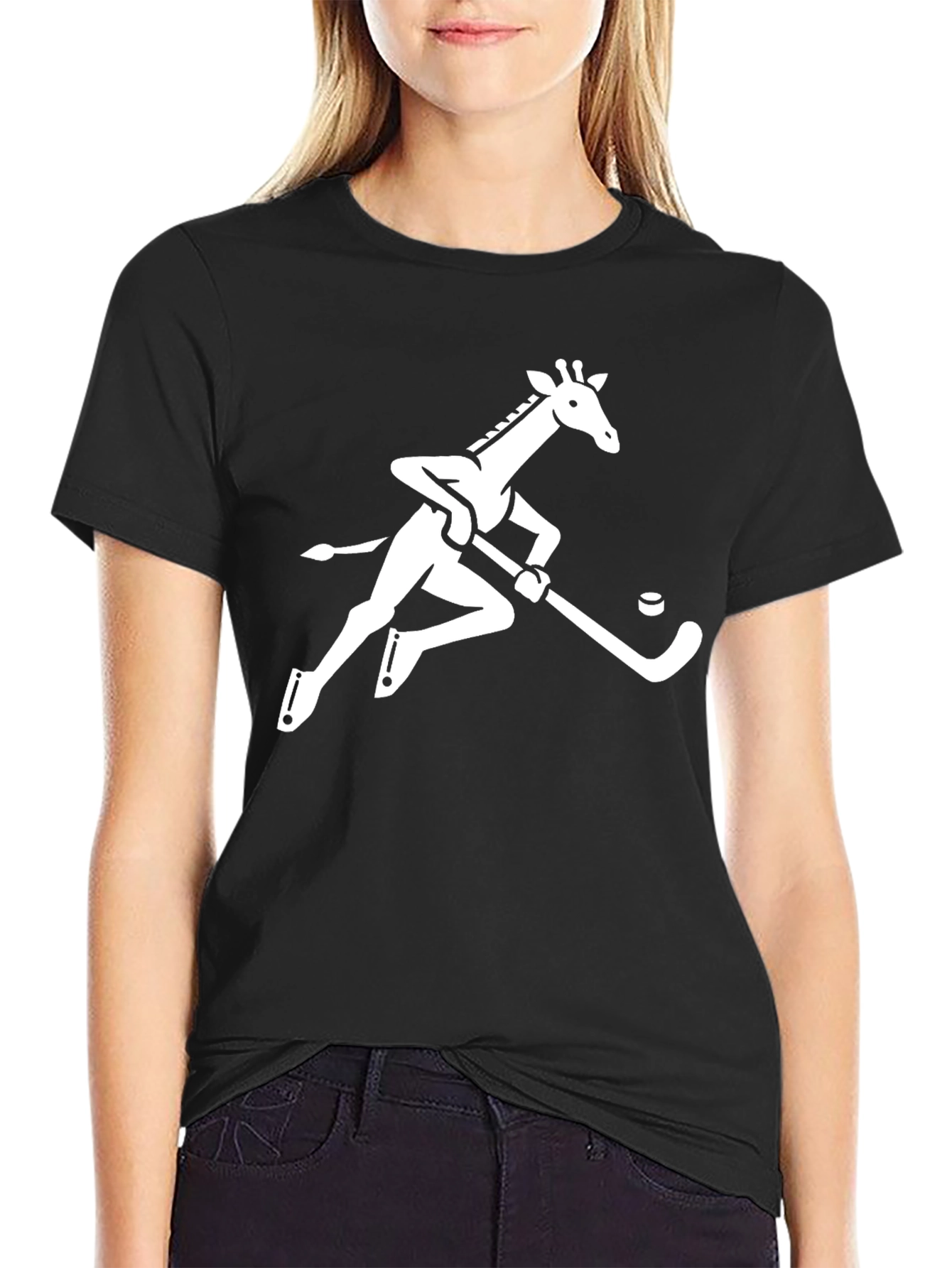 Giraffe Hockey Player Graphic Tee - Black
