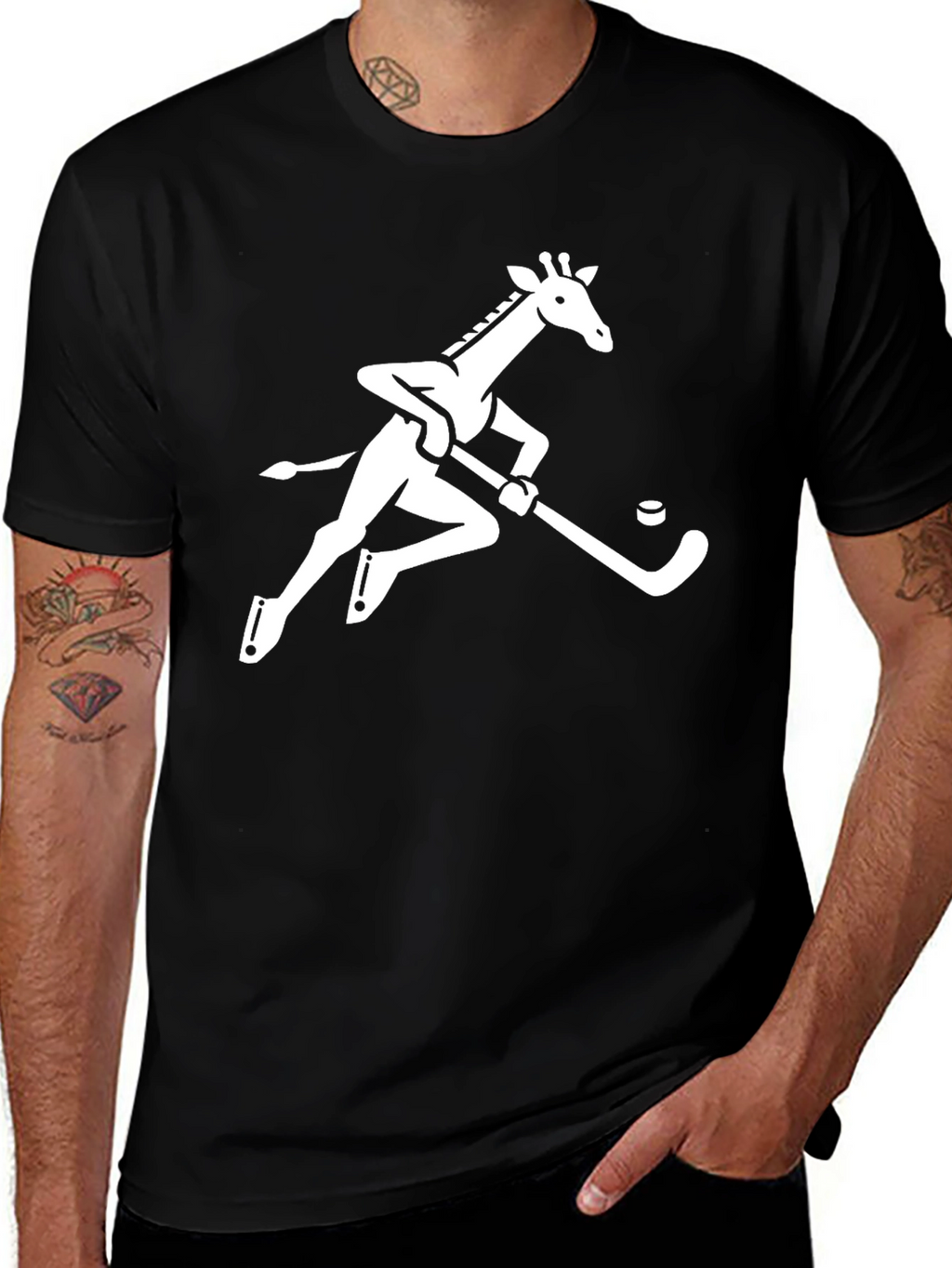 Giraffe Hockey Player Graphic Tee - Black