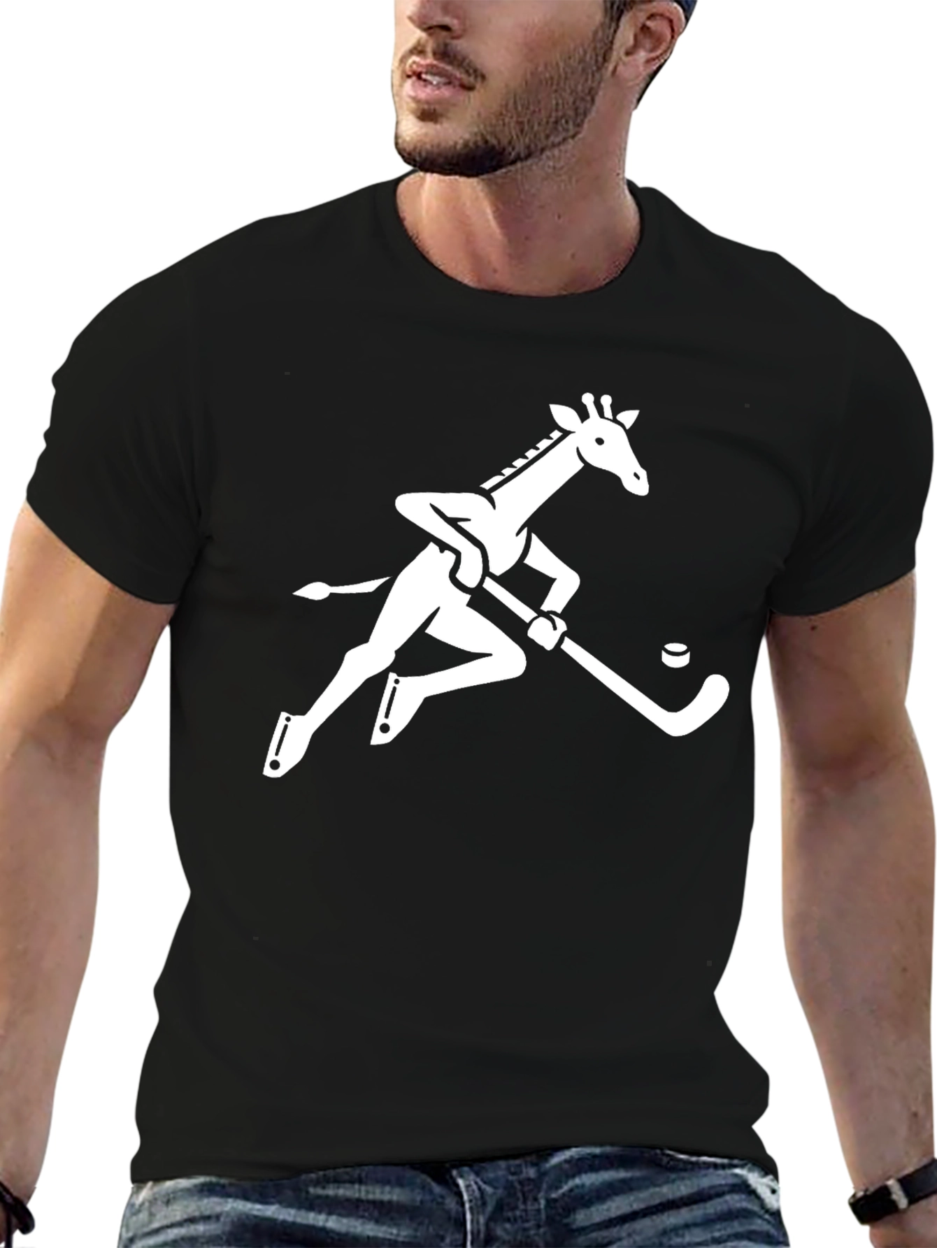 Giraffe Hockey Player Graphic Tee - Black