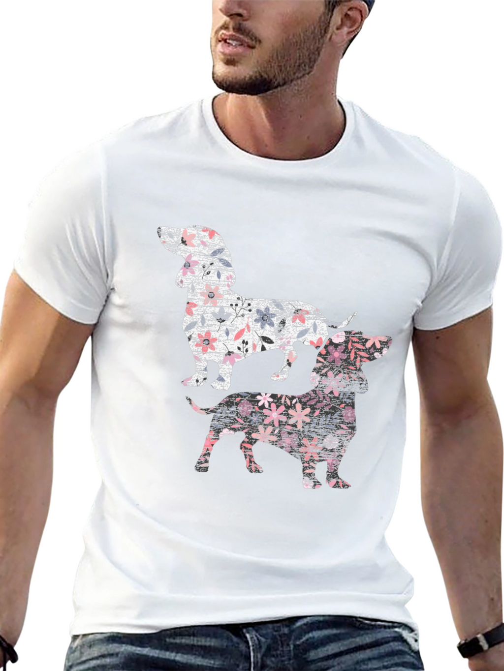 Floral Dachshund Print Black T-Shirt