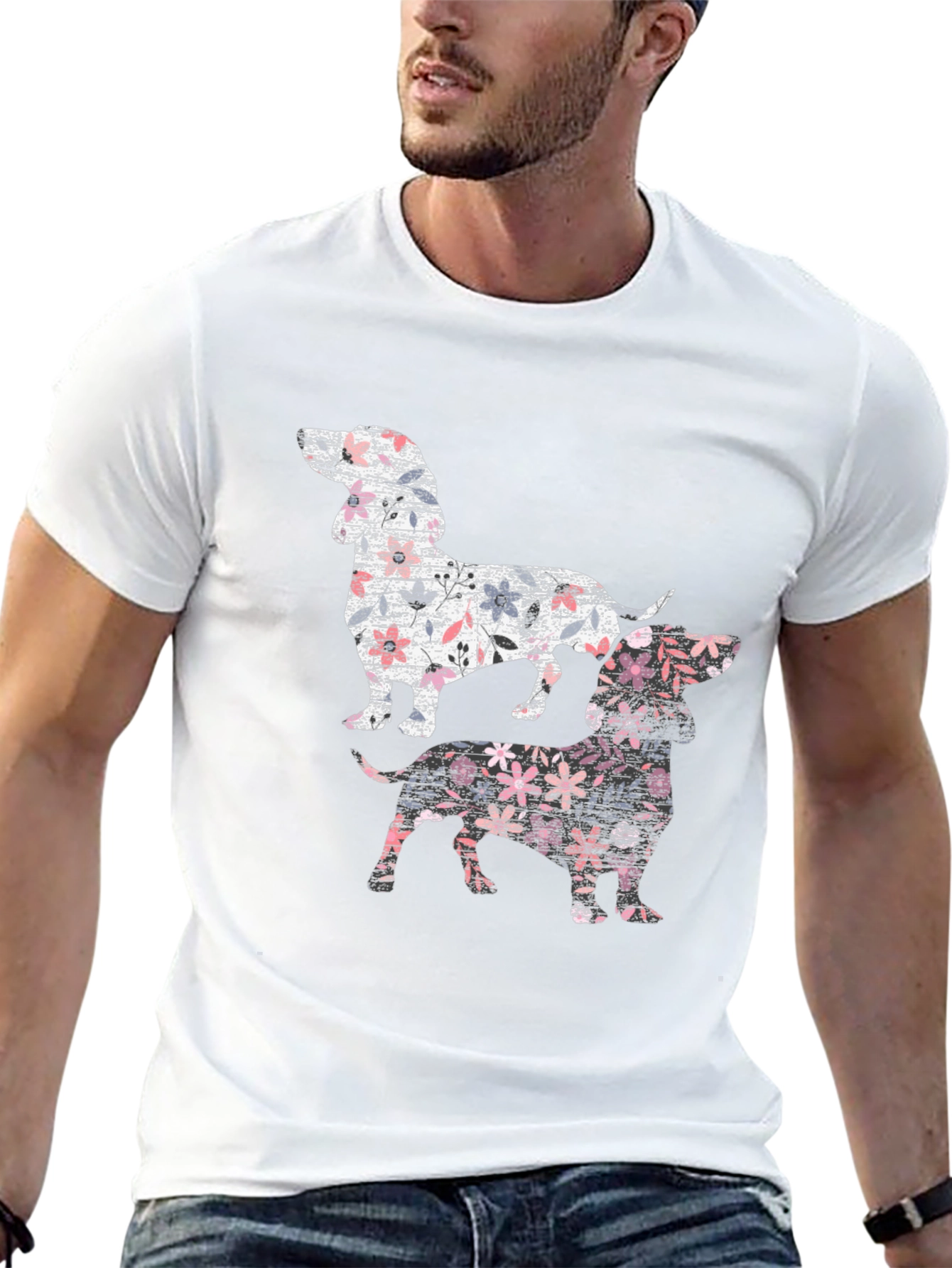 Floral Dachshund Print Black T-Shirt