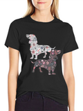 Floral Dachshund Print Black T-Shirt