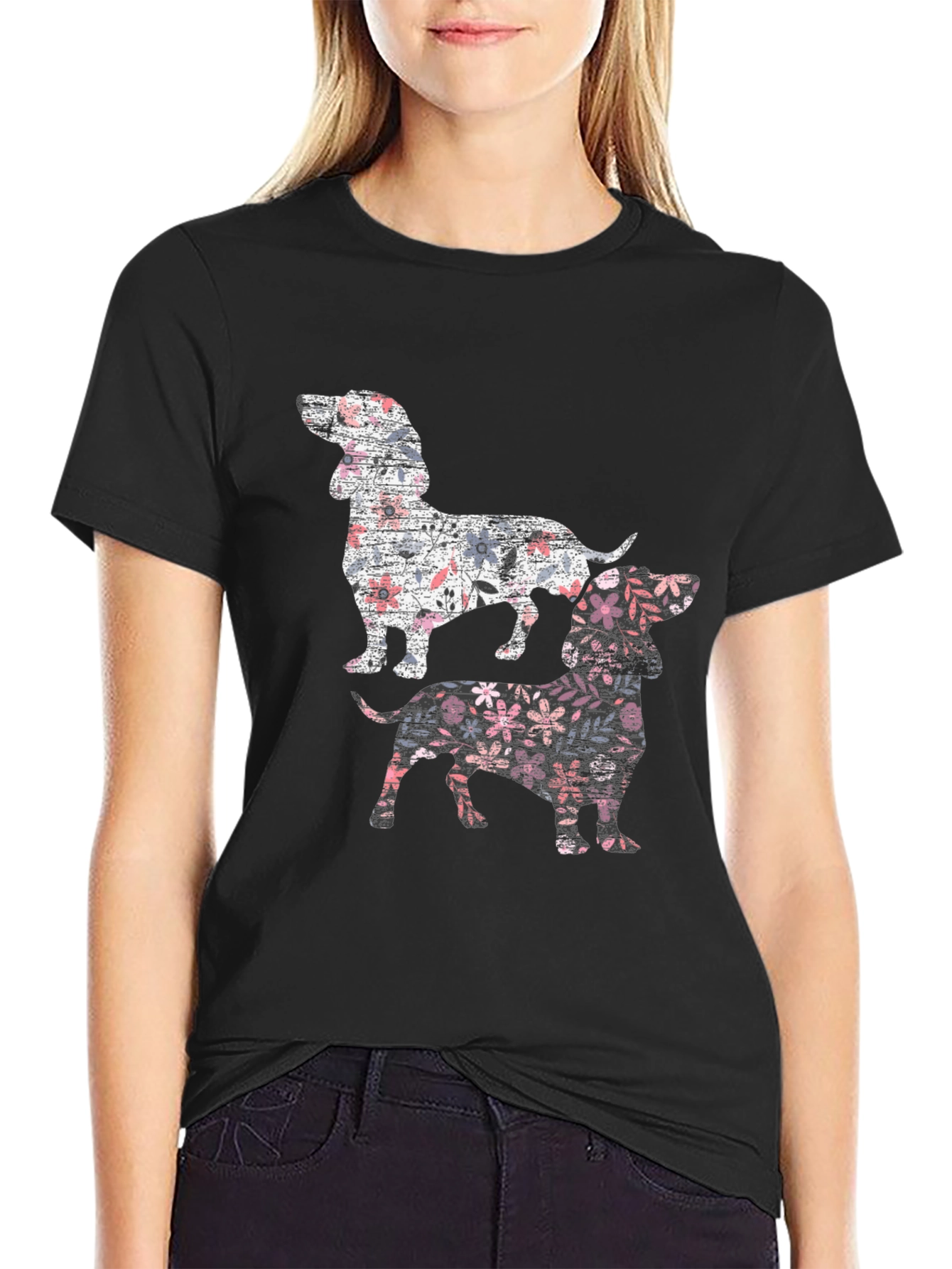 Floral Dachshund Print Black T-Shirt