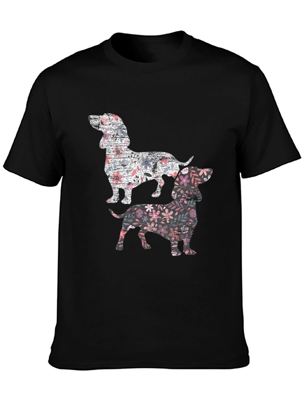 Floral Dachshund Print Black T-Shirt
