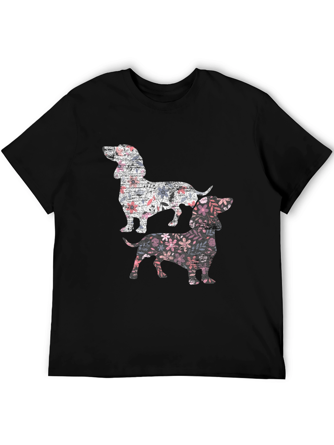 Floral Dachshund Print Black T-Shirt