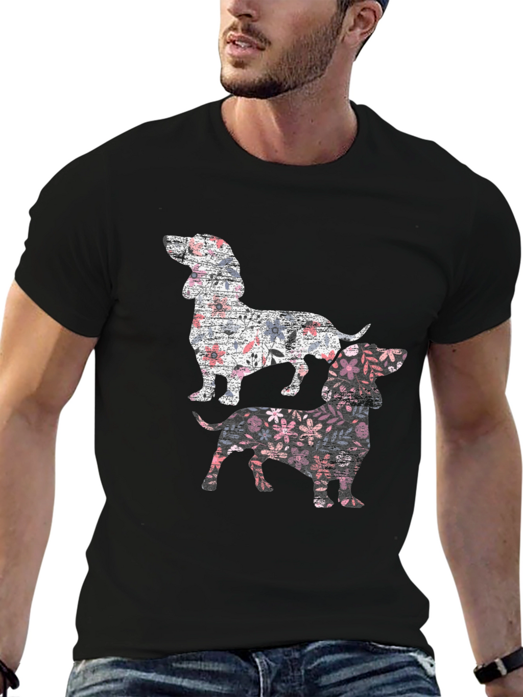 Floral Dachshund Print Black T-Shirt