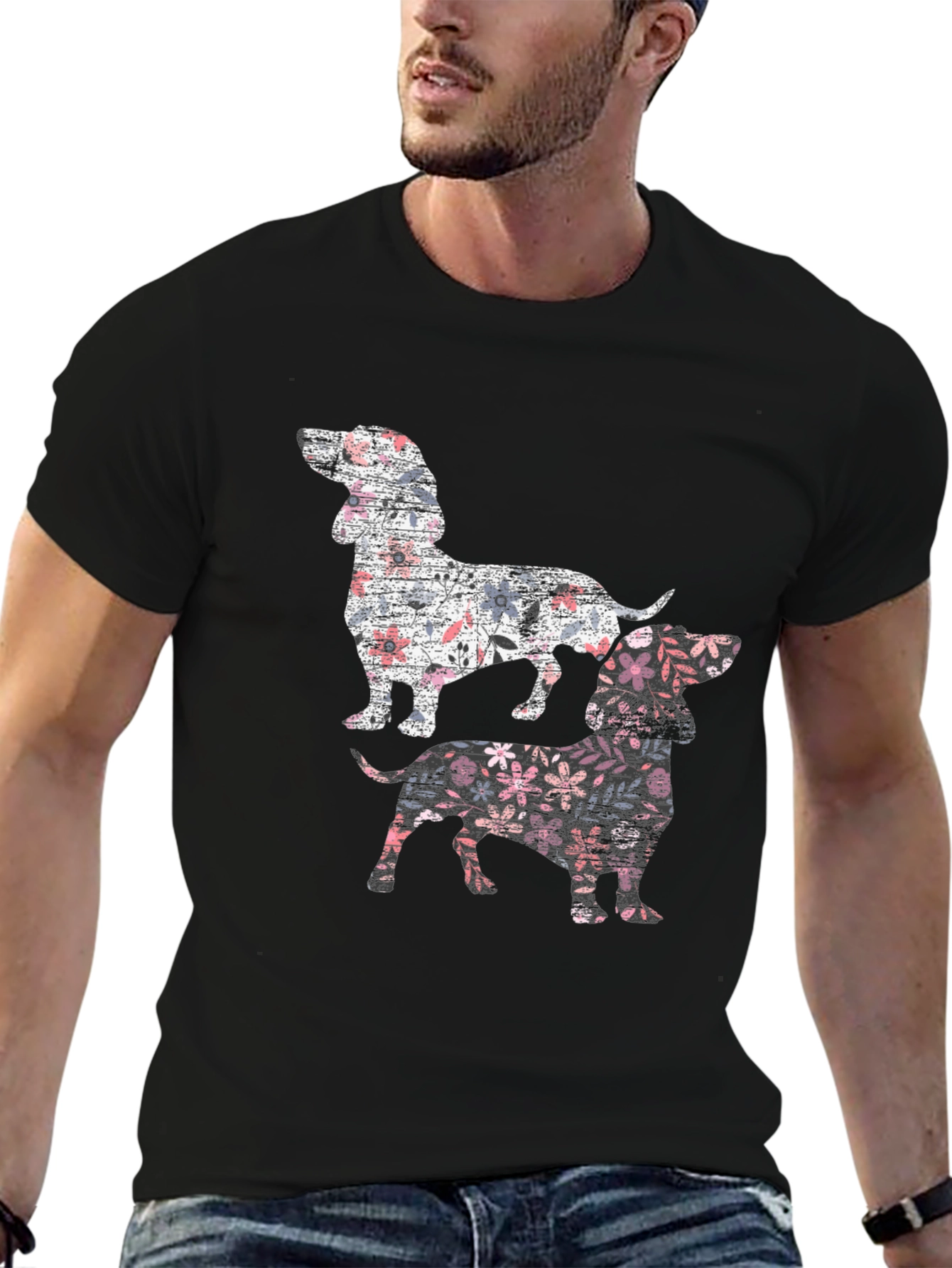 Floral Dachshund Print Black T-Shirt
