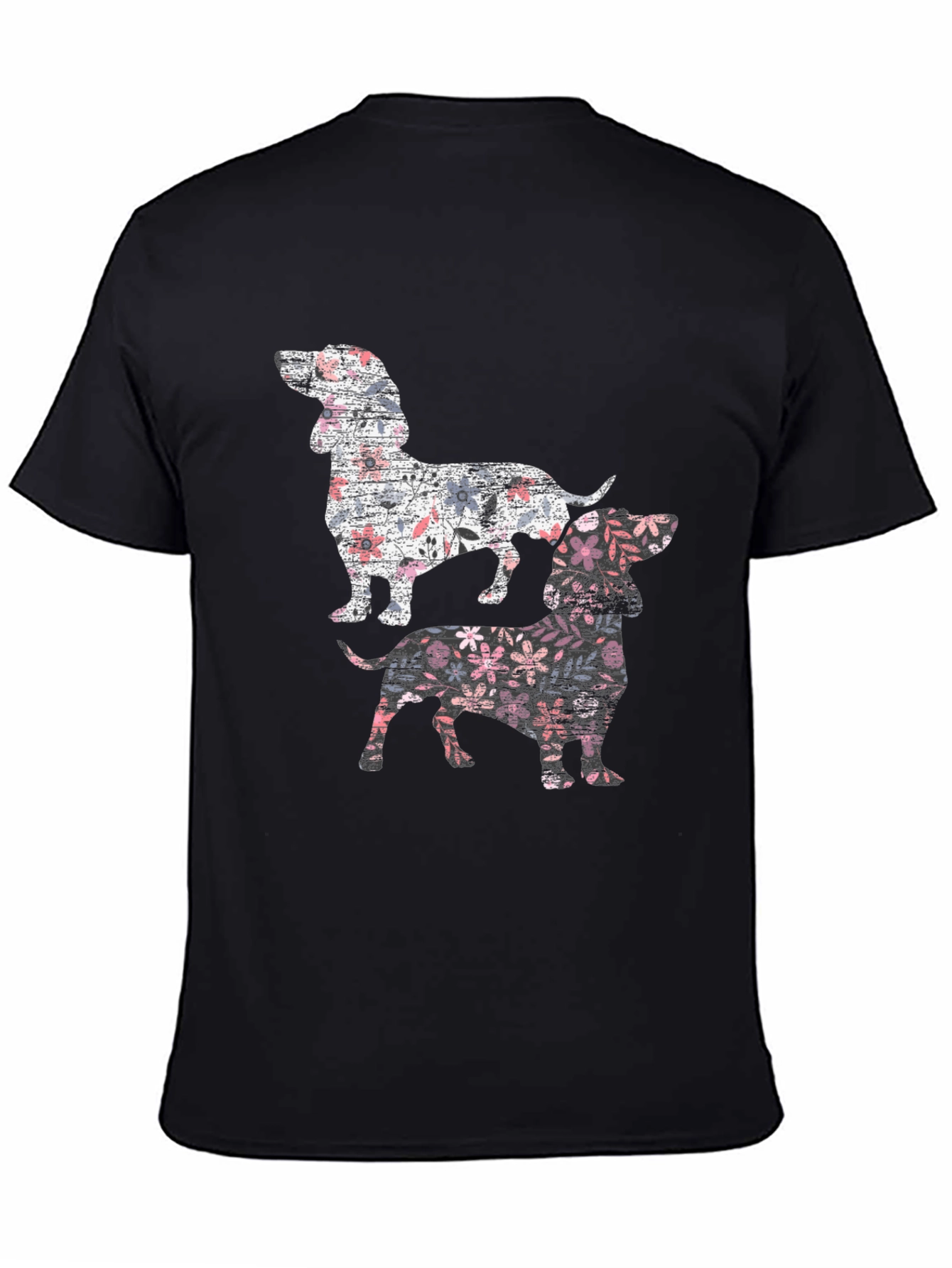 Floral Dachshund Print Black T-Shirt