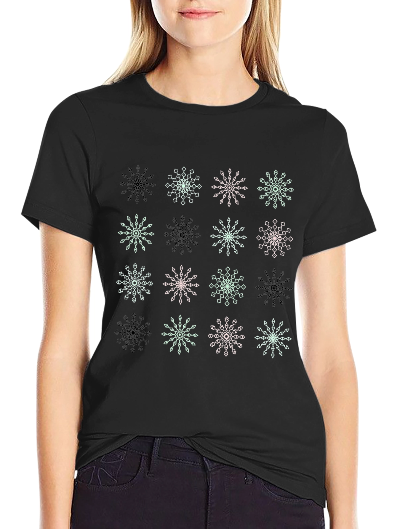 Snowflake Pattern Black T-Shirt