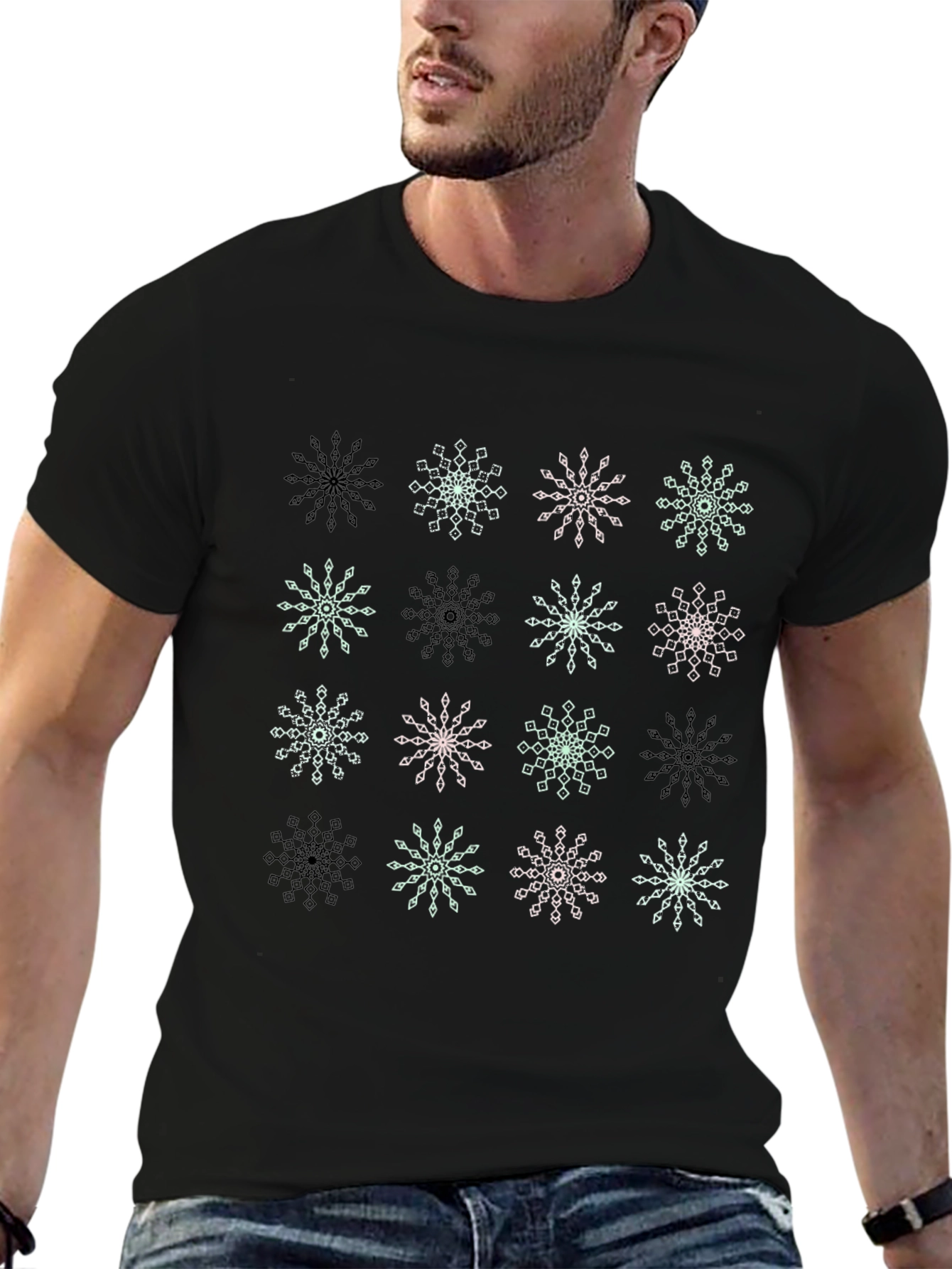 Snowflake Pattern Black T-Shirt