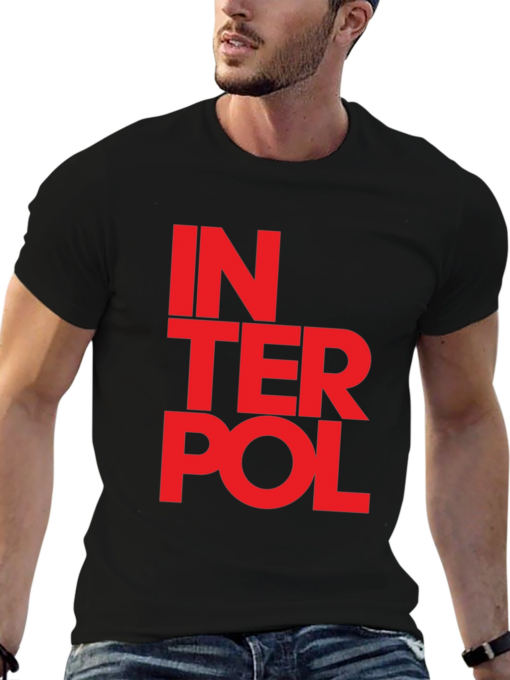 Interpol Graphic T-Shirt - Bold Red Text on Black