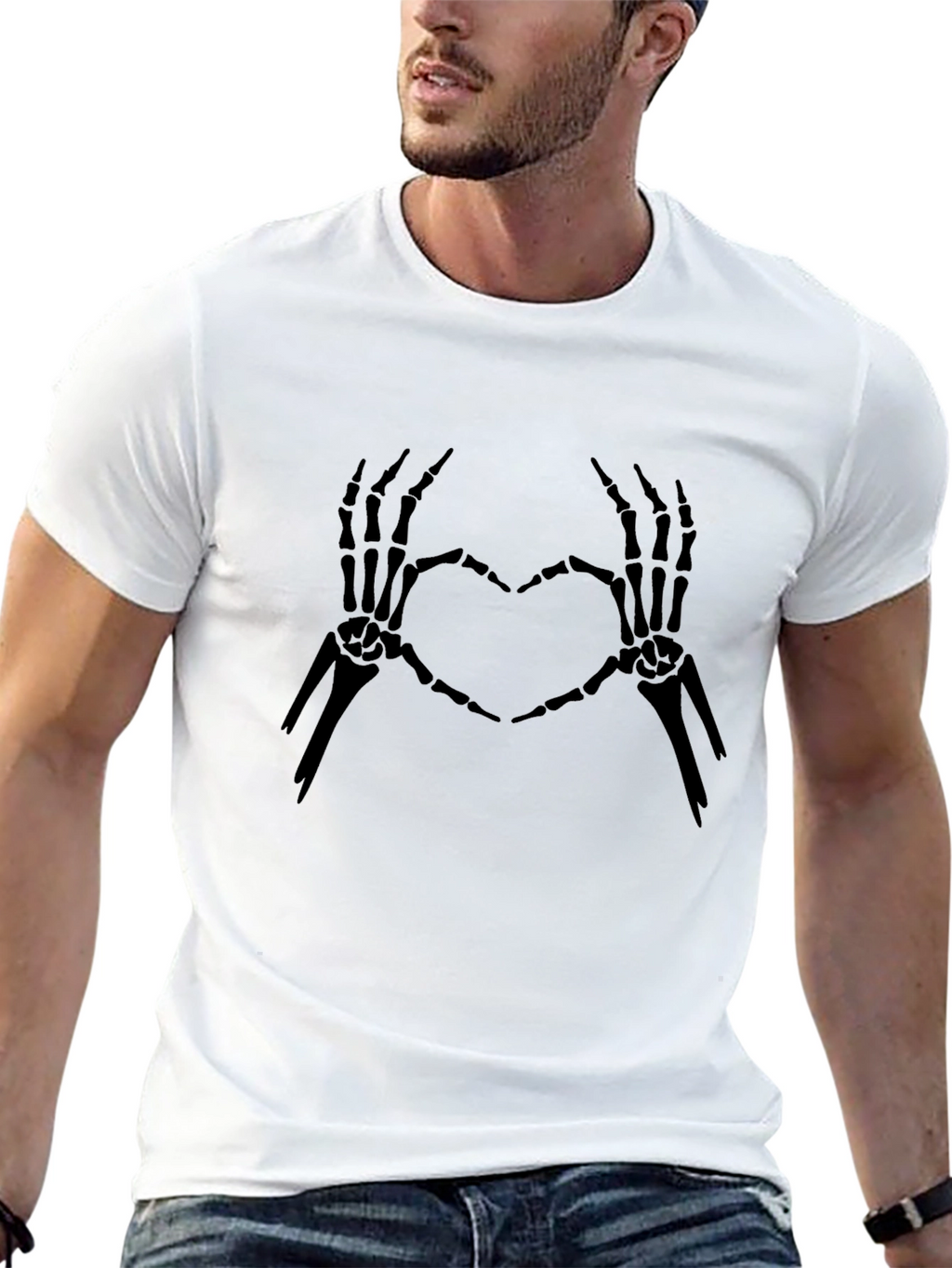 Skeleton Heart Hands Graphic Tee - Black Cotton