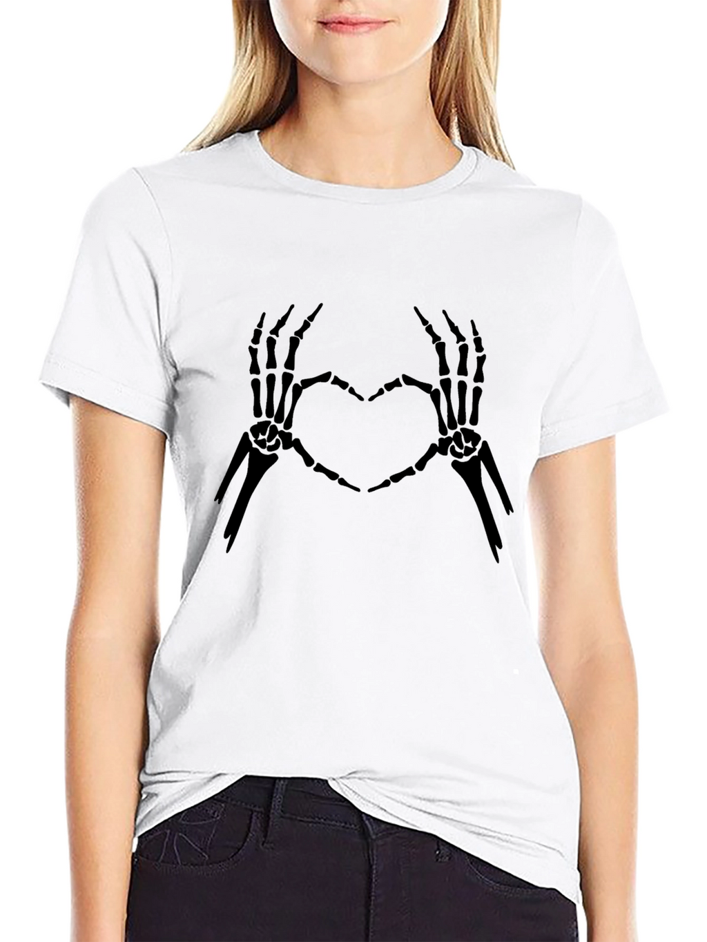 Skeleton Heart Hands Graphic Tee - Black Cotton