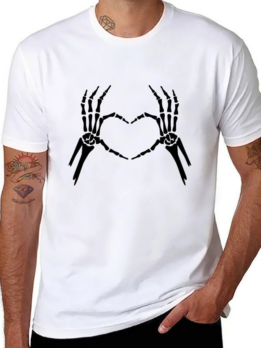 Skeleton Heart Hands Graphic Tee - Black Cotton