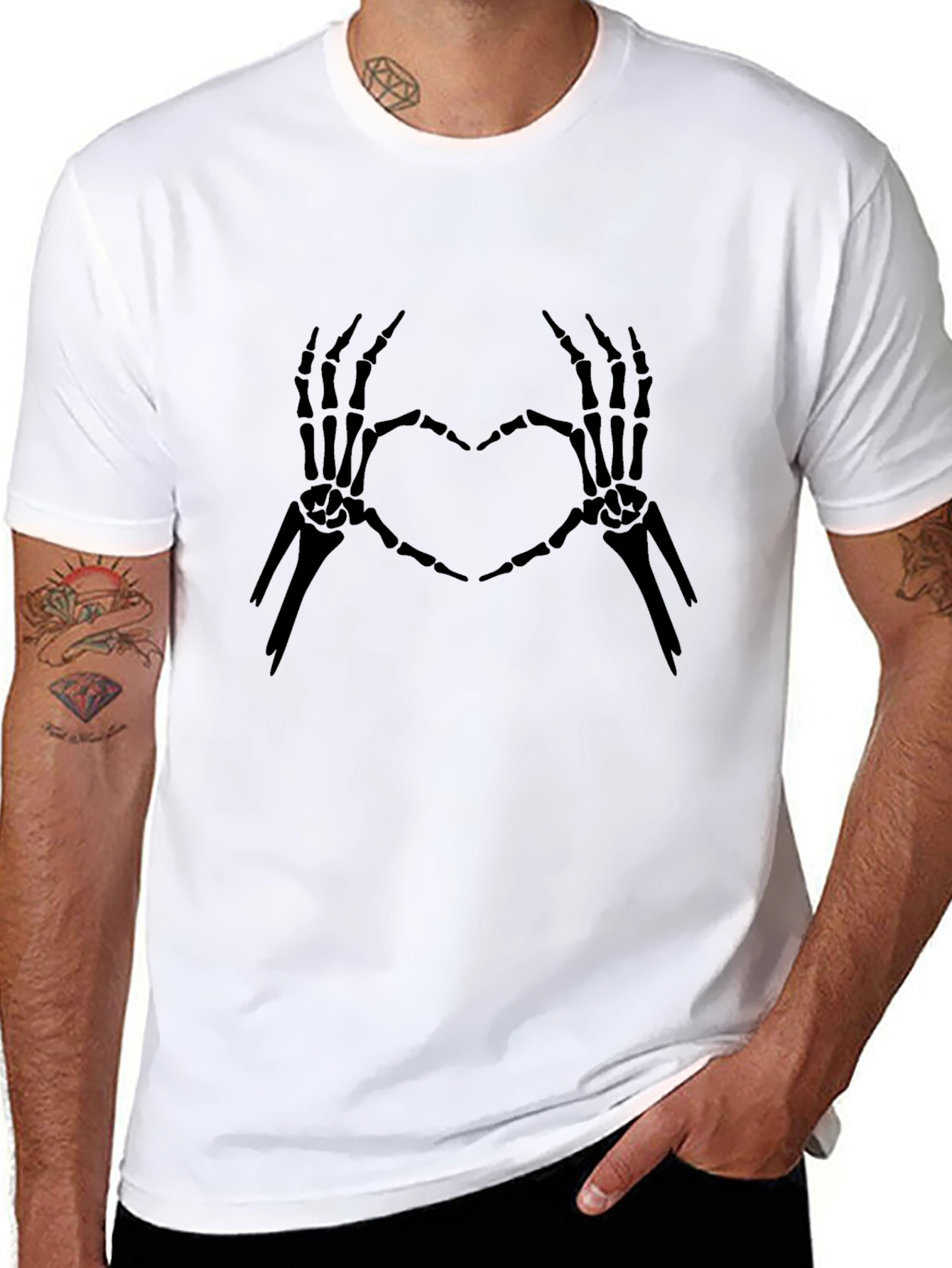 Skeleton Heart Hands Graphic Tee - Black Cotton