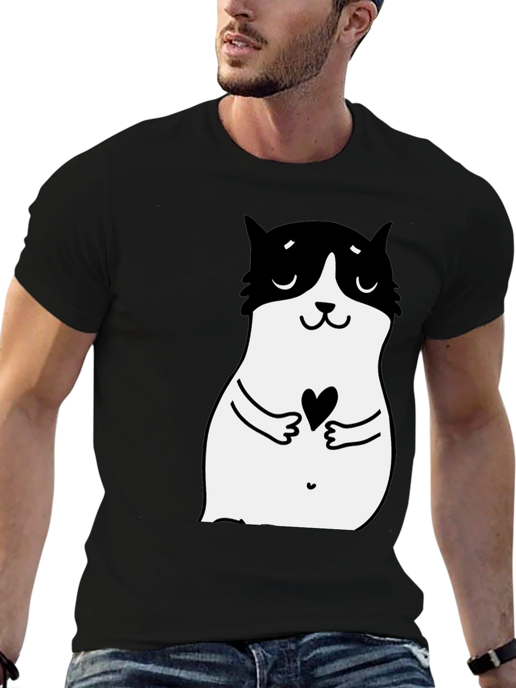 Cute Cat Heart Graphic Black T-Shirt