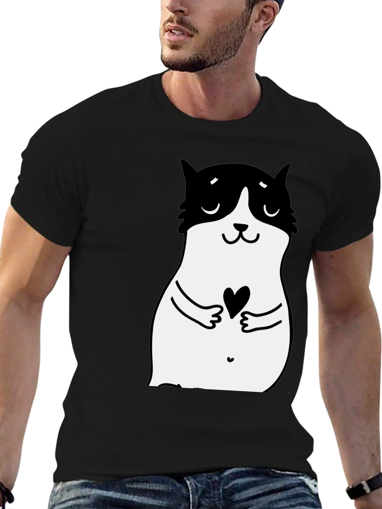 Cute Cat Heart Graphic Black T-Shirt
