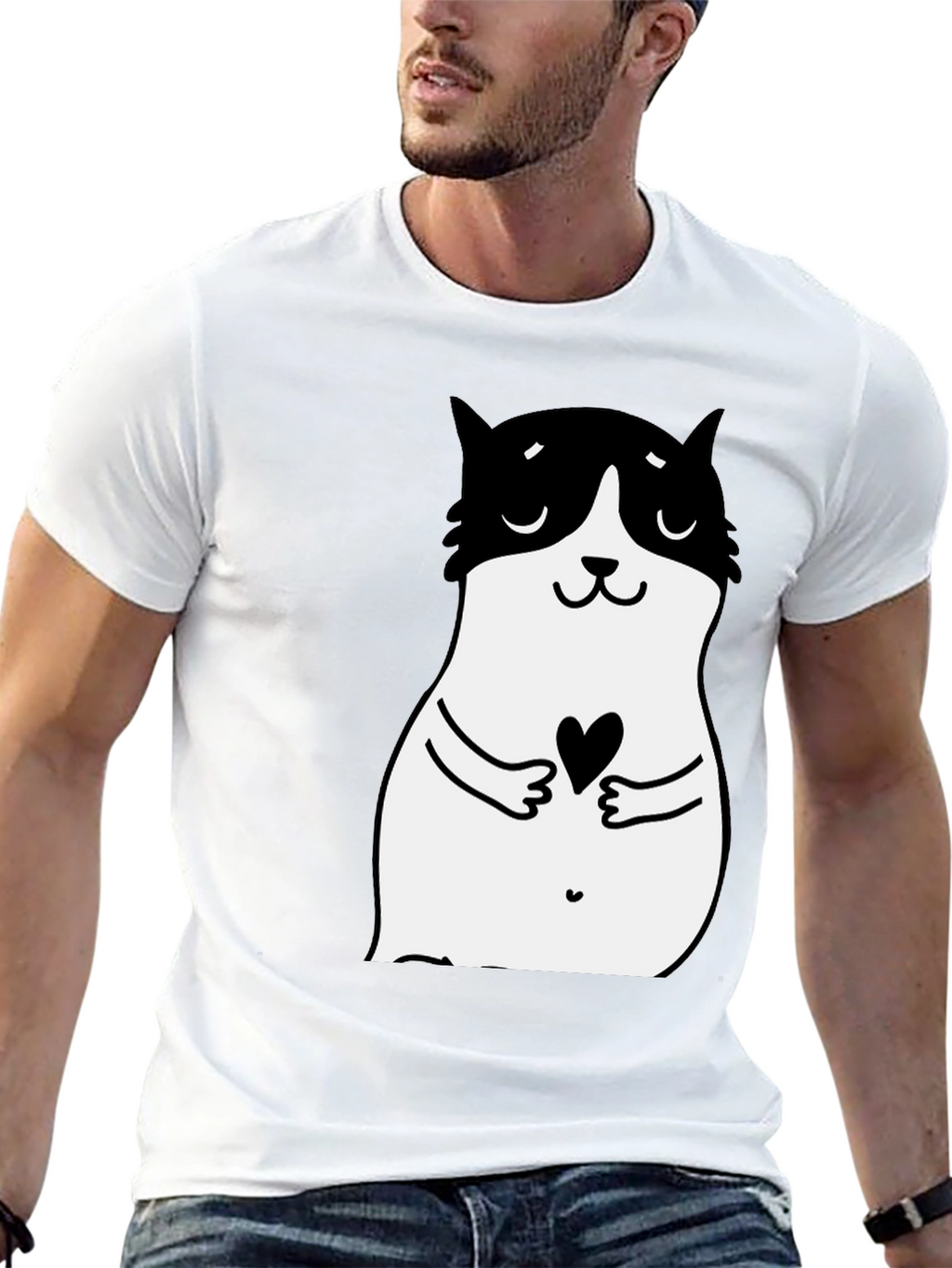 Cute Cat Heart Graphic Black T-Shirt