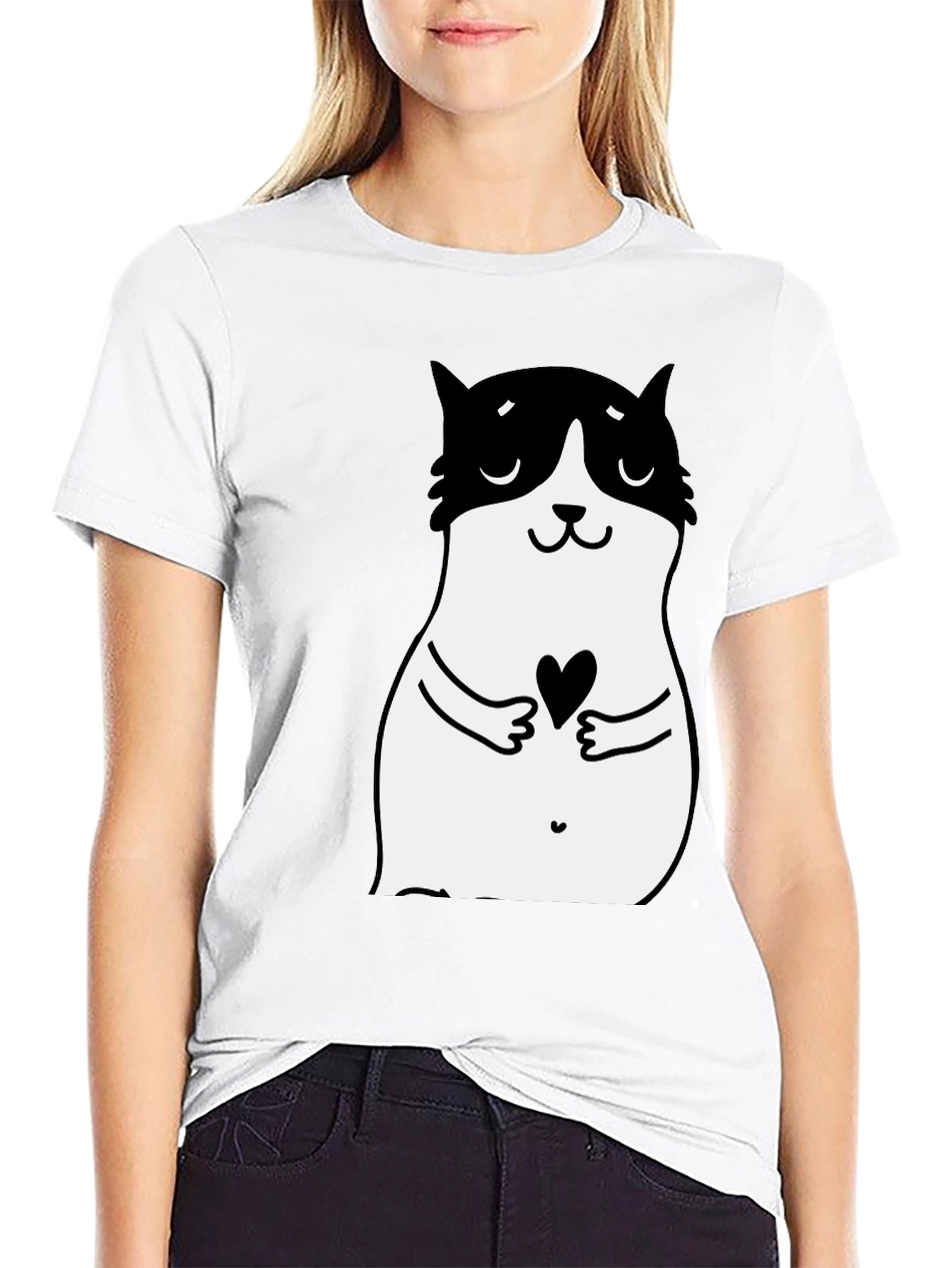 Cute Cat Heart Graphic Black T-Shirt