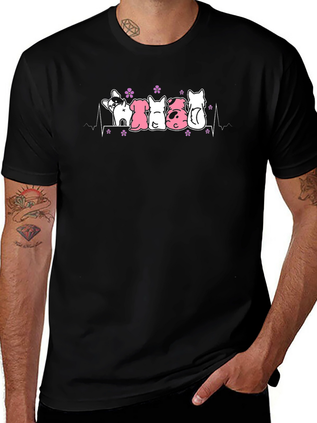 Cute Dogs Heartbeat T-Shirt - Black Cotton Tee