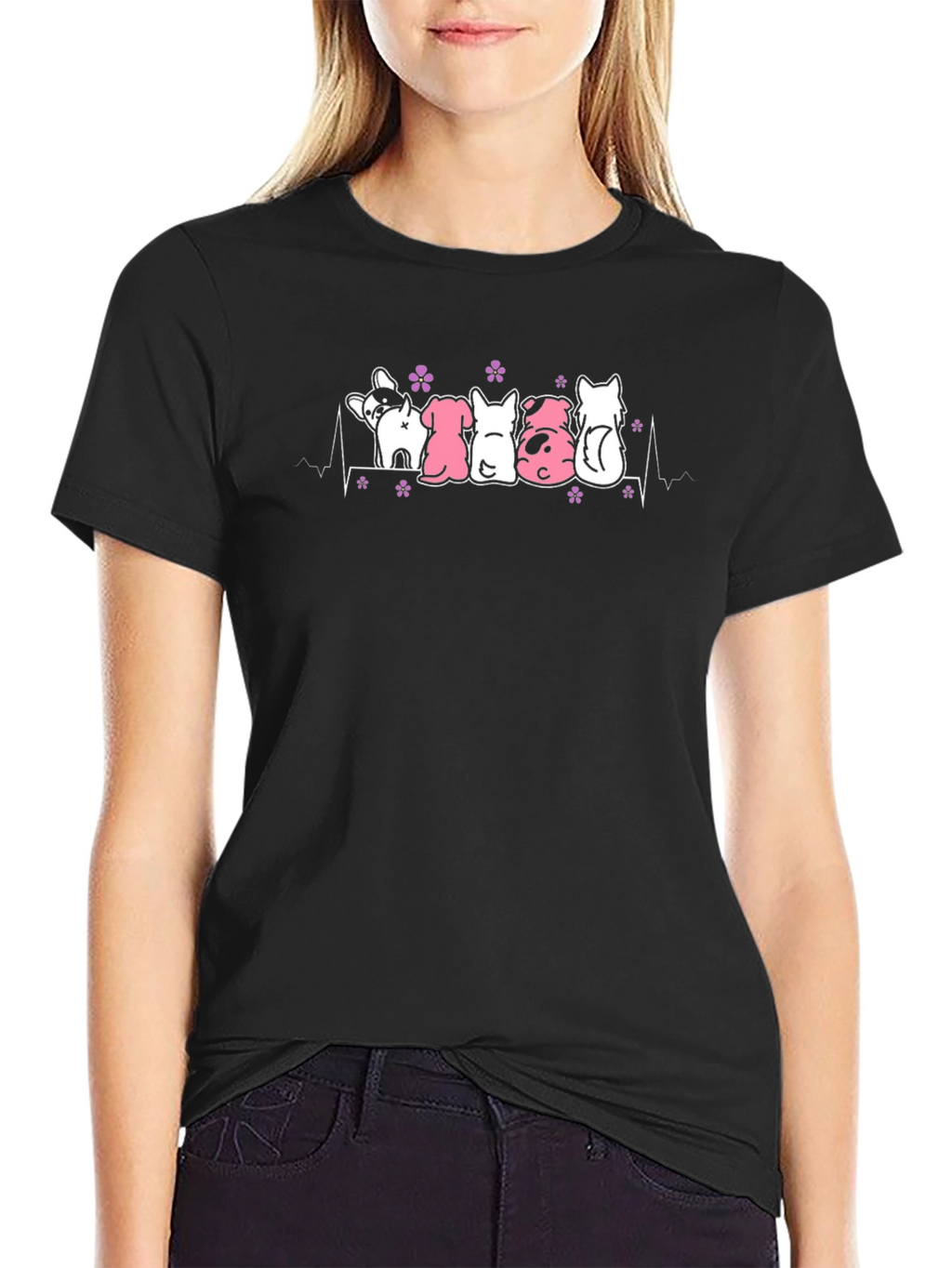 Cute Dogs Heartbeat T-Shirt - Black Cotton Tee