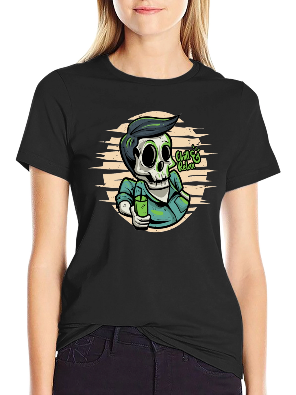 Chill & Relax Skeleton Graphic Tee - Black