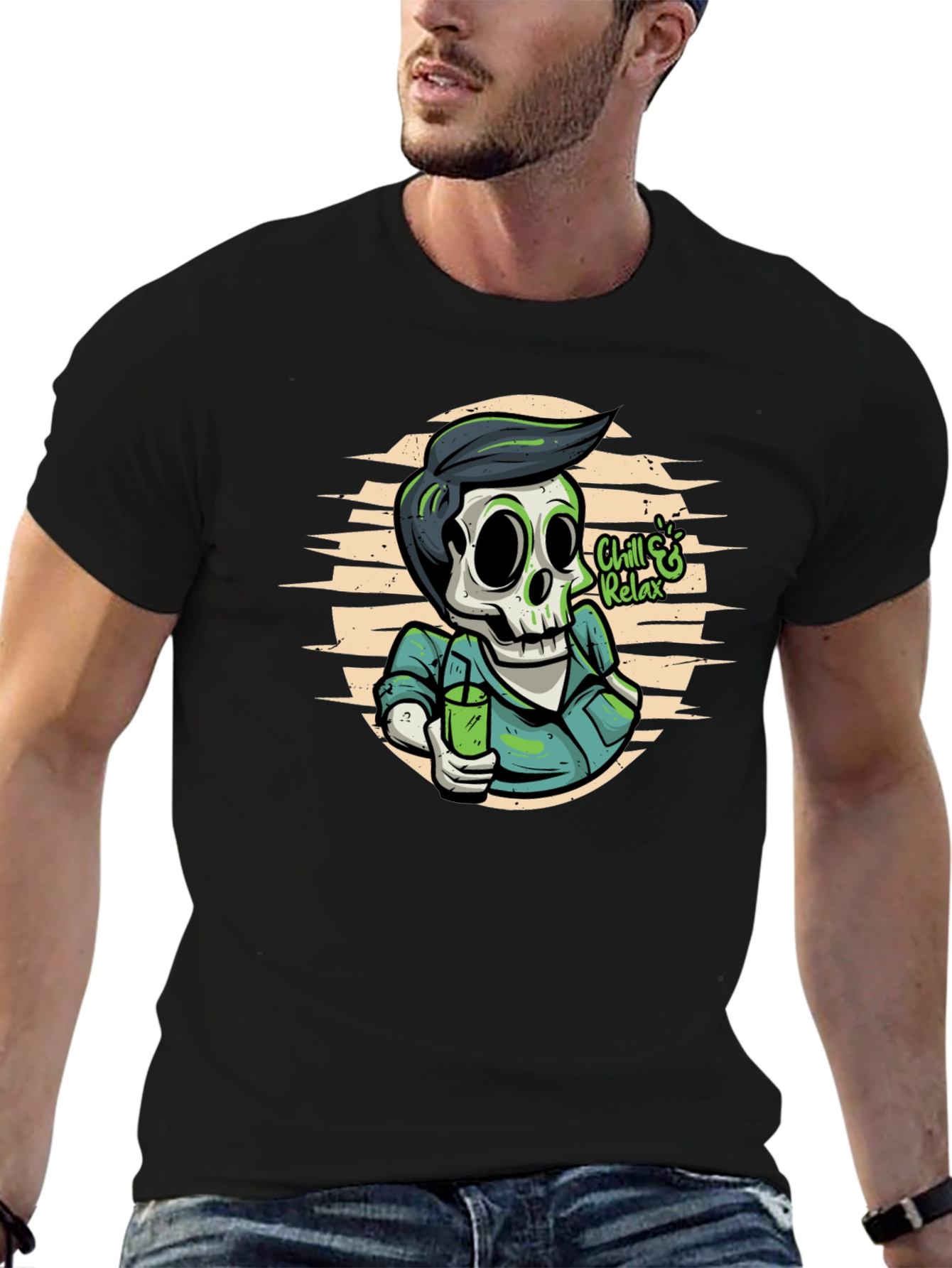 Chill & Relax Skeleton Graphic Tee - Black