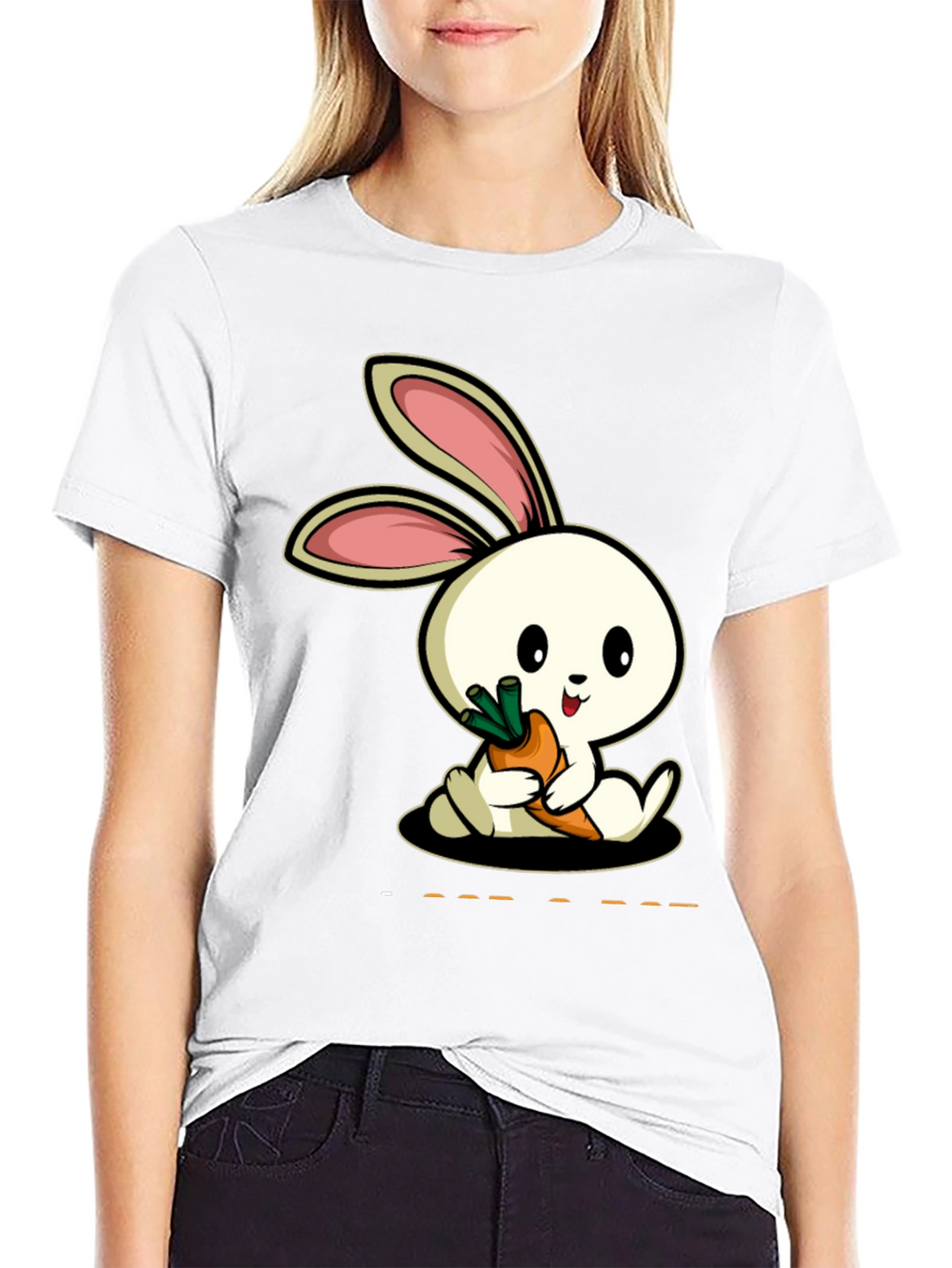 Cute Rabbit Carrot Graphic Black T-Shirt