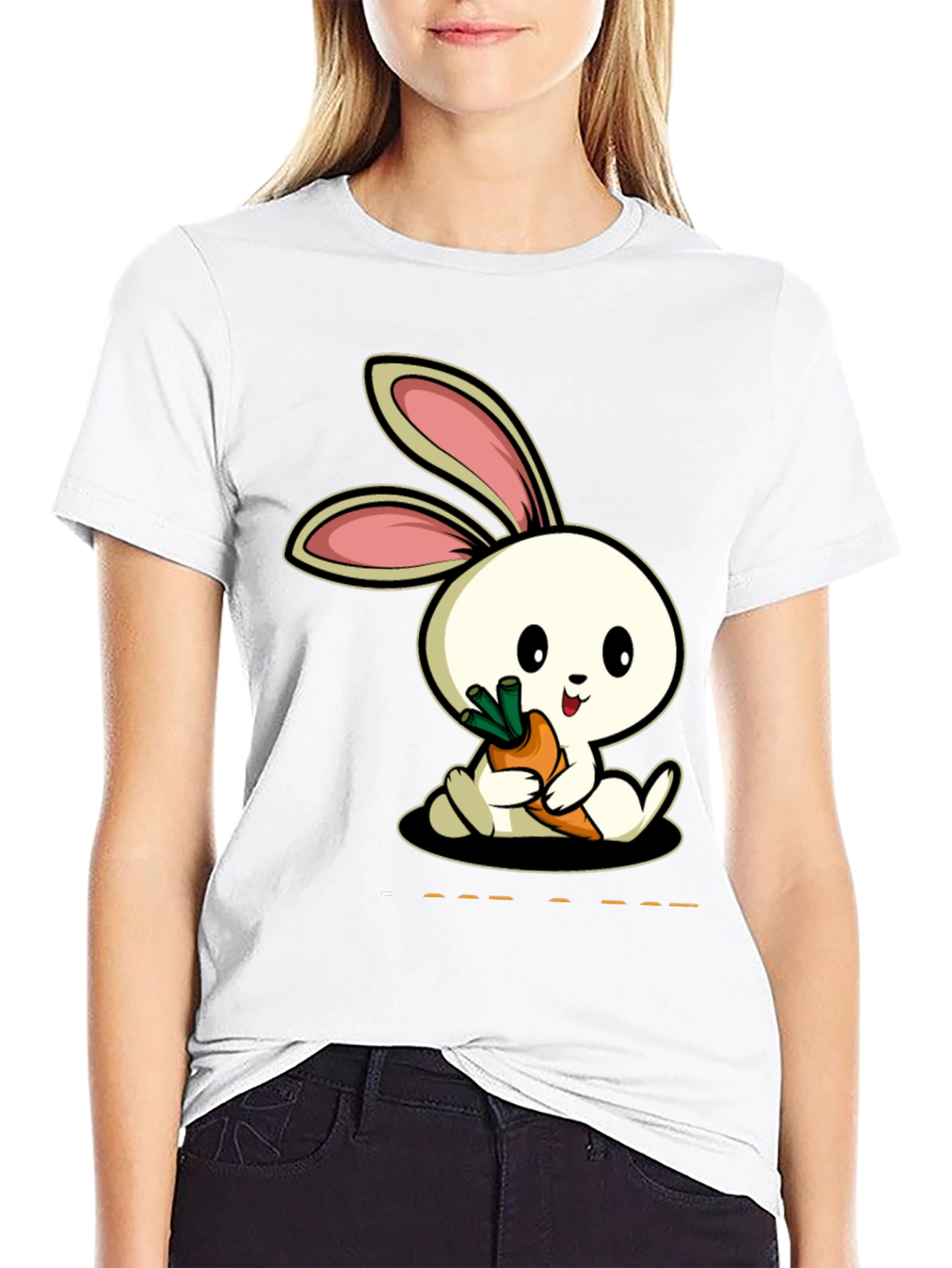 Cute Rabbit Carrot Graphic Black T-Shirt
