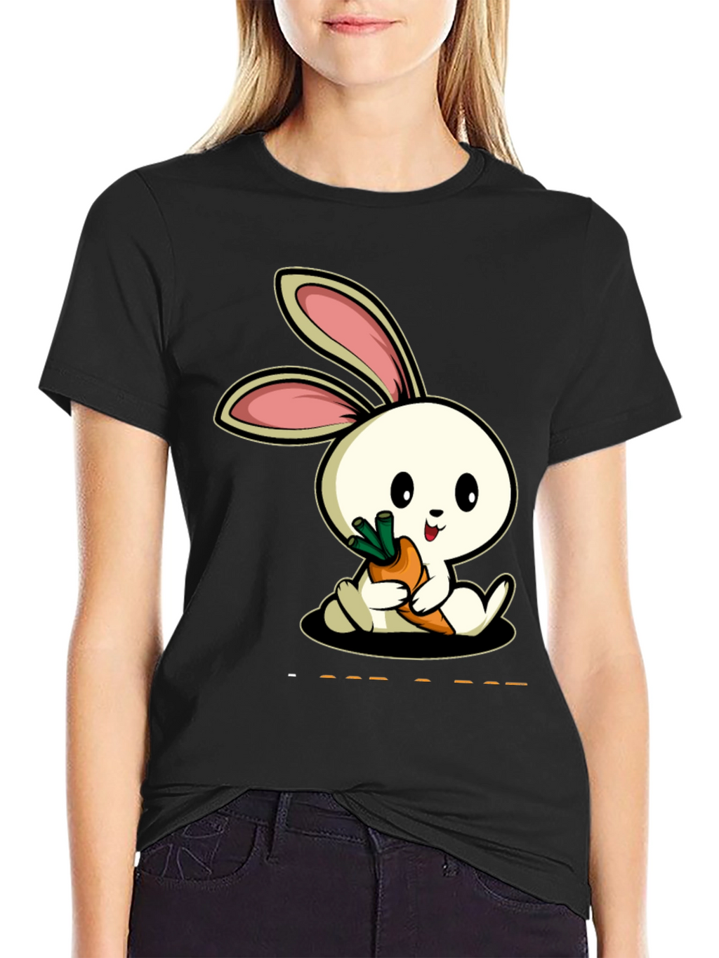 Cute Rabbit Carrot Graphic Black T-Shirt
