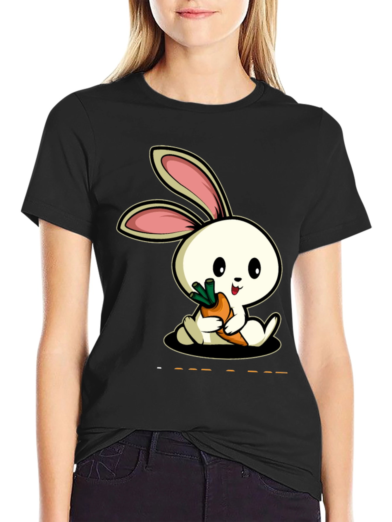 Cute Rabbit Carrot Graphic Black T-Shirt