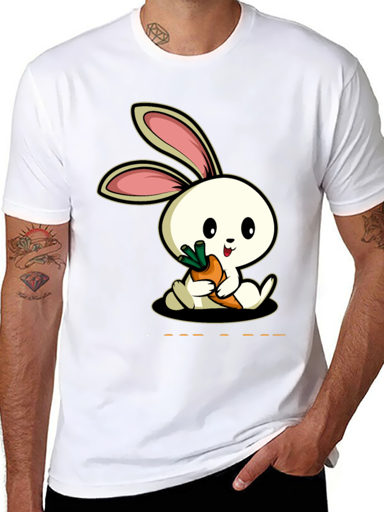 Cute Rabbit Carrot Graphic Black T-Shirt