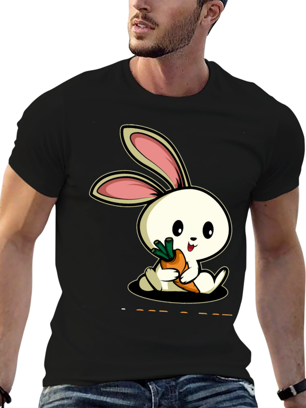 Cute Rabbit Carrot Graphic Black T-Shirt