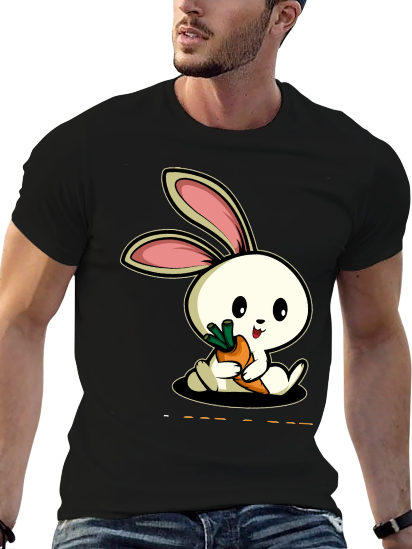 Cute Rabbit Carrot Graphic Black T-Shirt