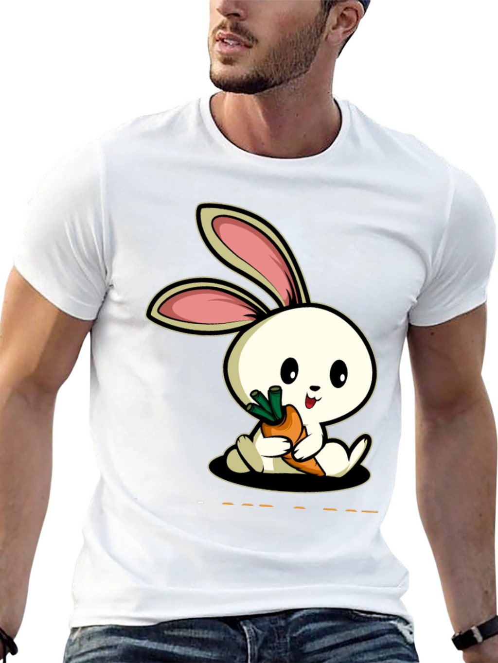 Cute Rabbit Carrot Graphic Black T-Shirt