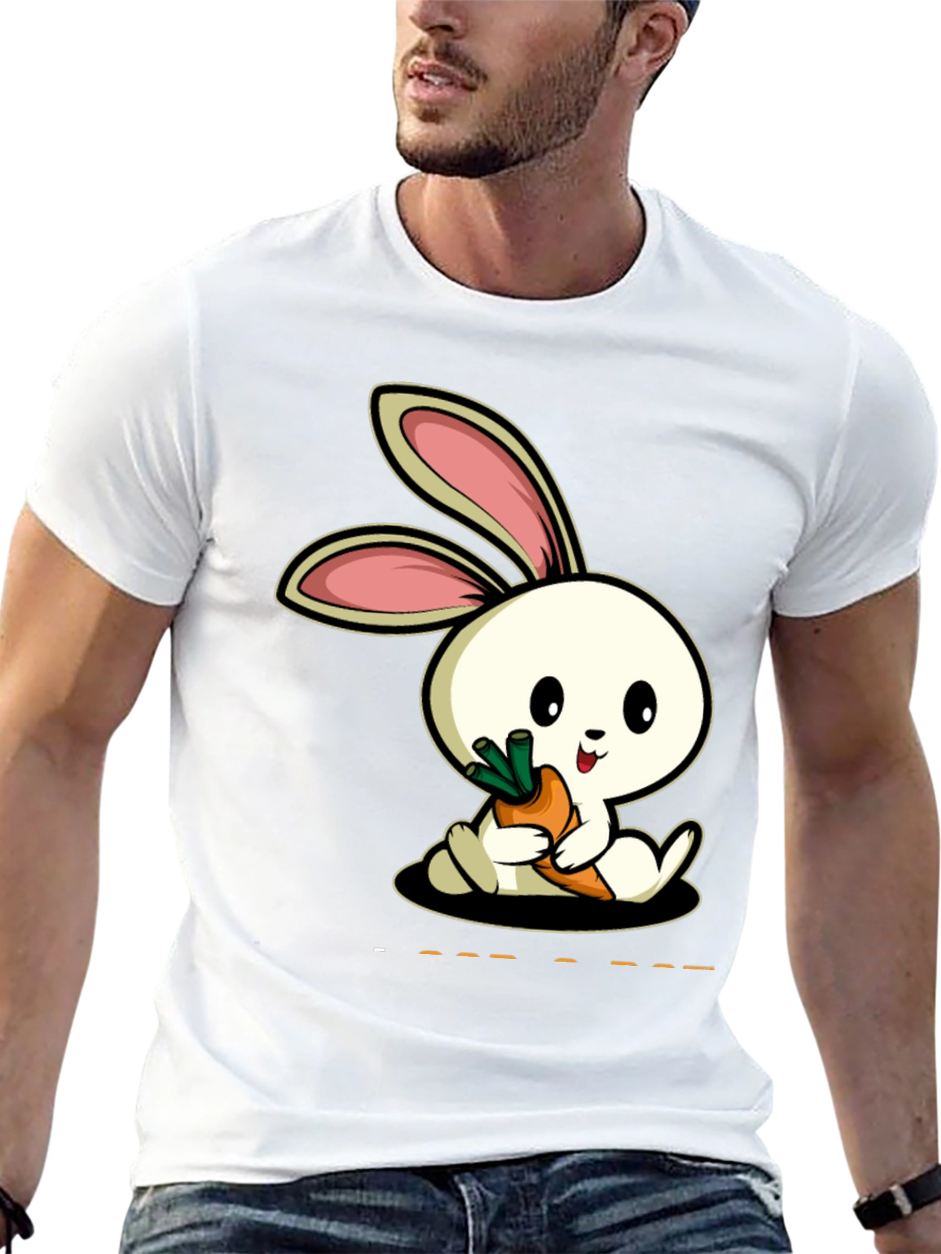 Cute Rabbit Carrot Graphic Black T-Shirt