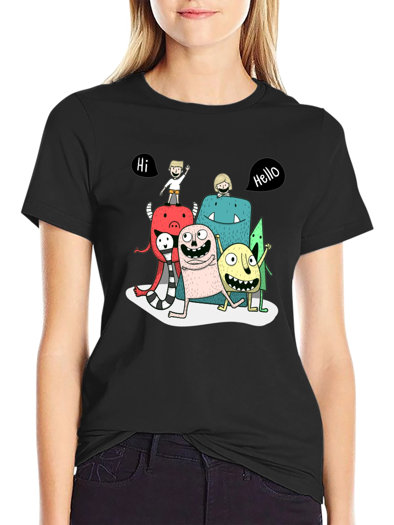 Monster Cartoon Graphic Tee - Black Casual T-Shirt