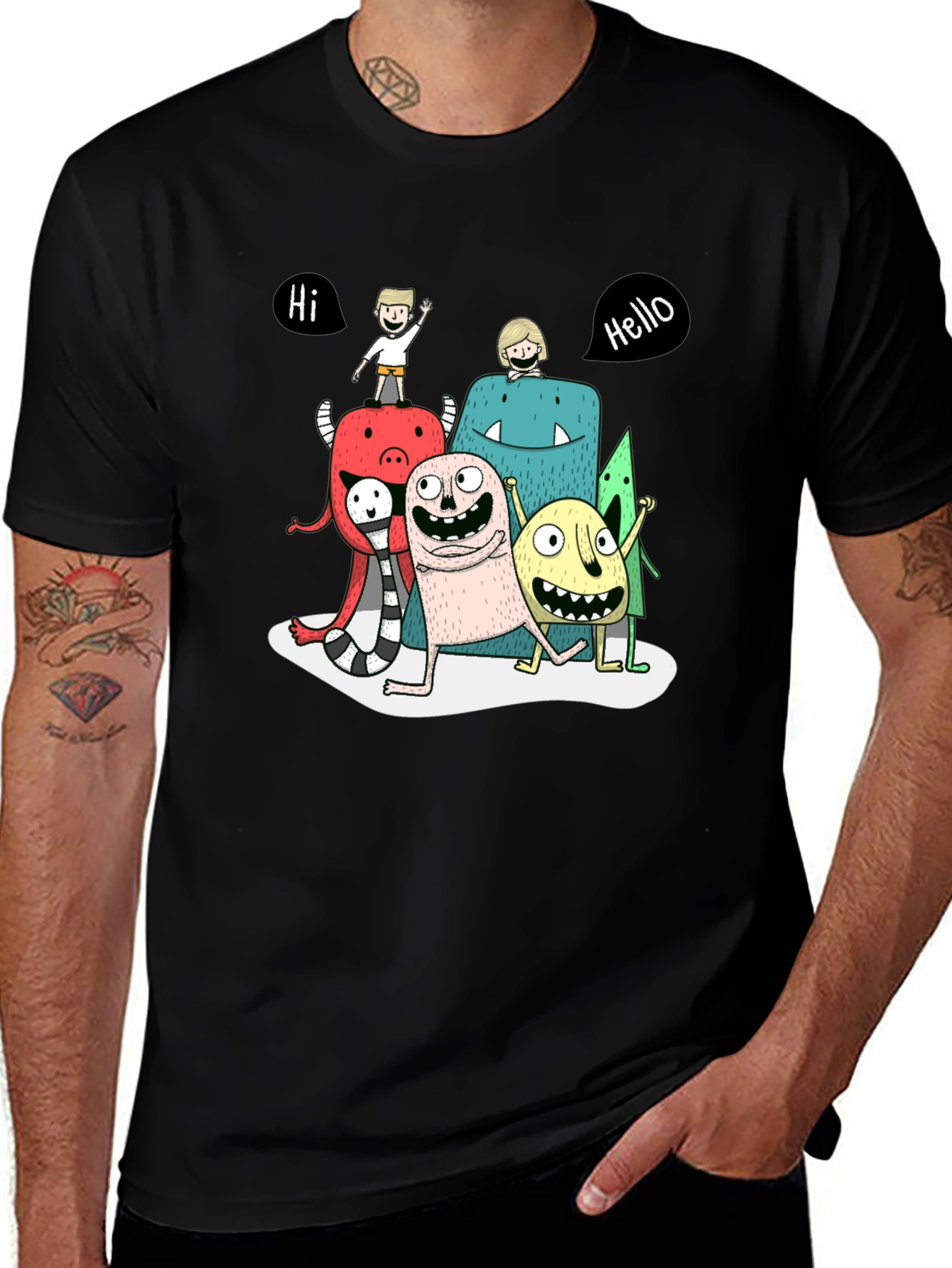 Monster Cartoon Graphic Tee - Black Casual T-Shirt