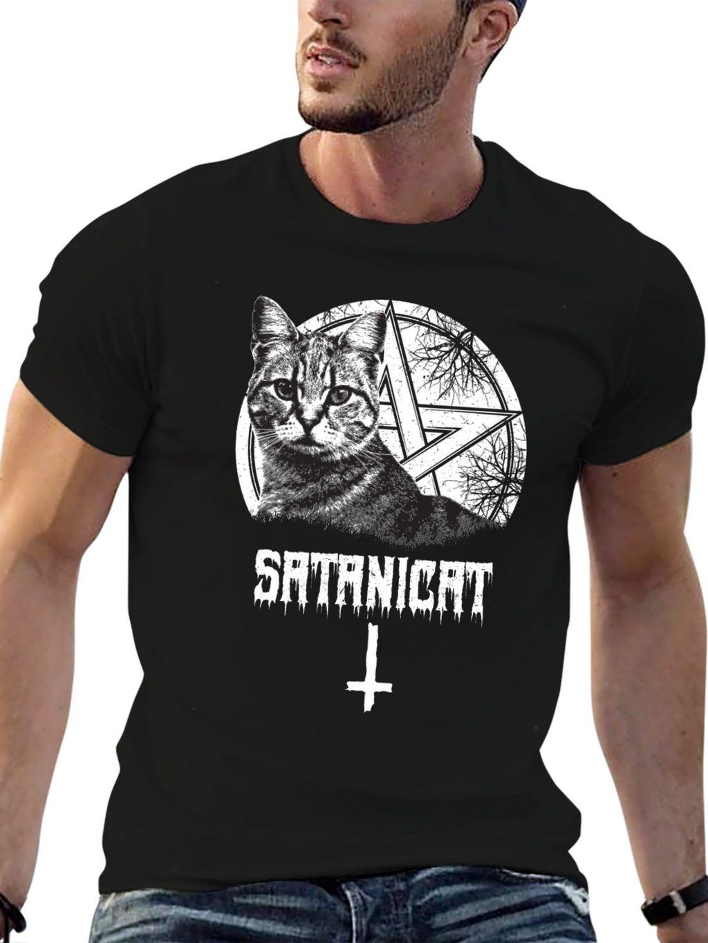 Satanicat Graphic Tee - Mens Black Cotton T-Shirt