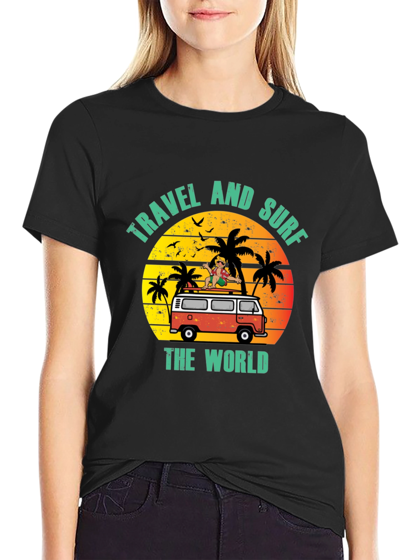 Travel and Surf the World Black T-Shirt