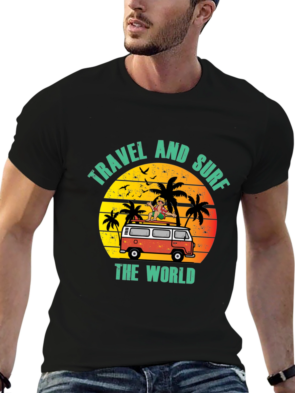 Travel and Surf the World Black T-Shirt