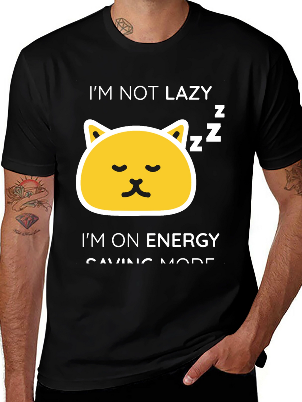 Funny Lazy Cat Energy Saving Mode Black T-Shirt
