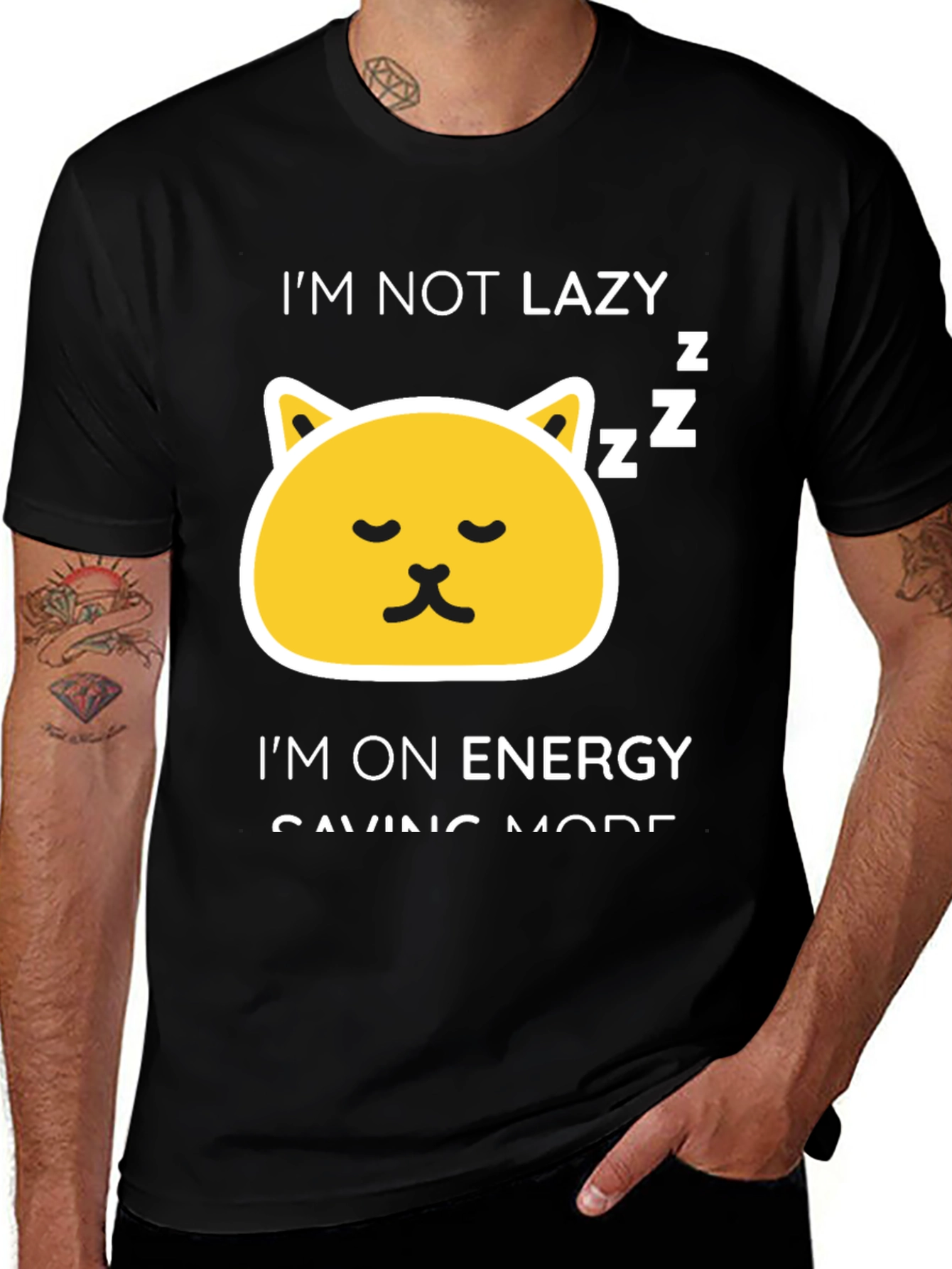 Funny Lazy Cat Energy Saving Mode Black T-Shirt