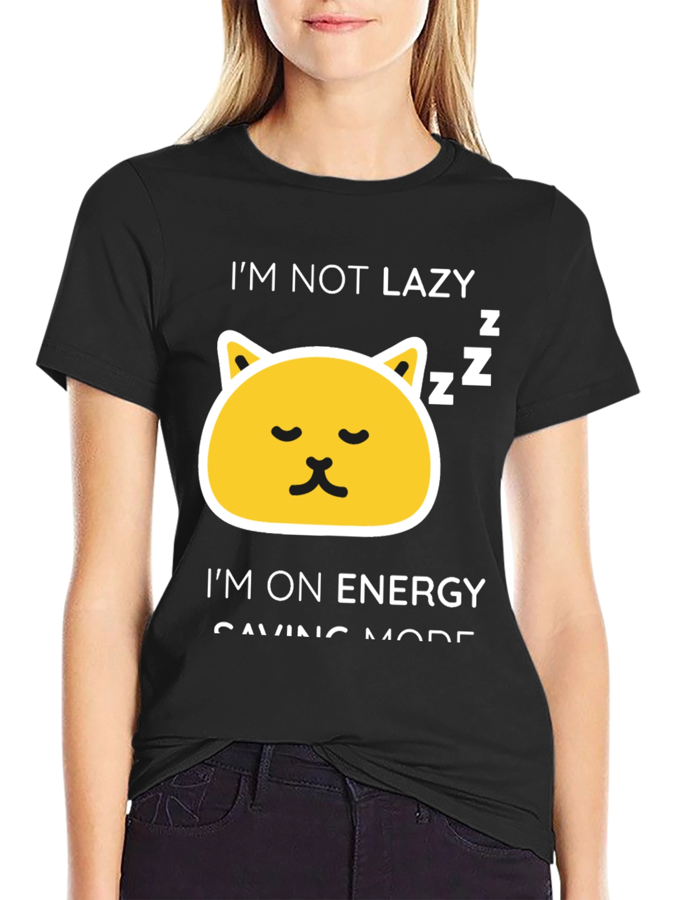 Funny Lazy Cat Energy Saving Mode Black T-Shirt
