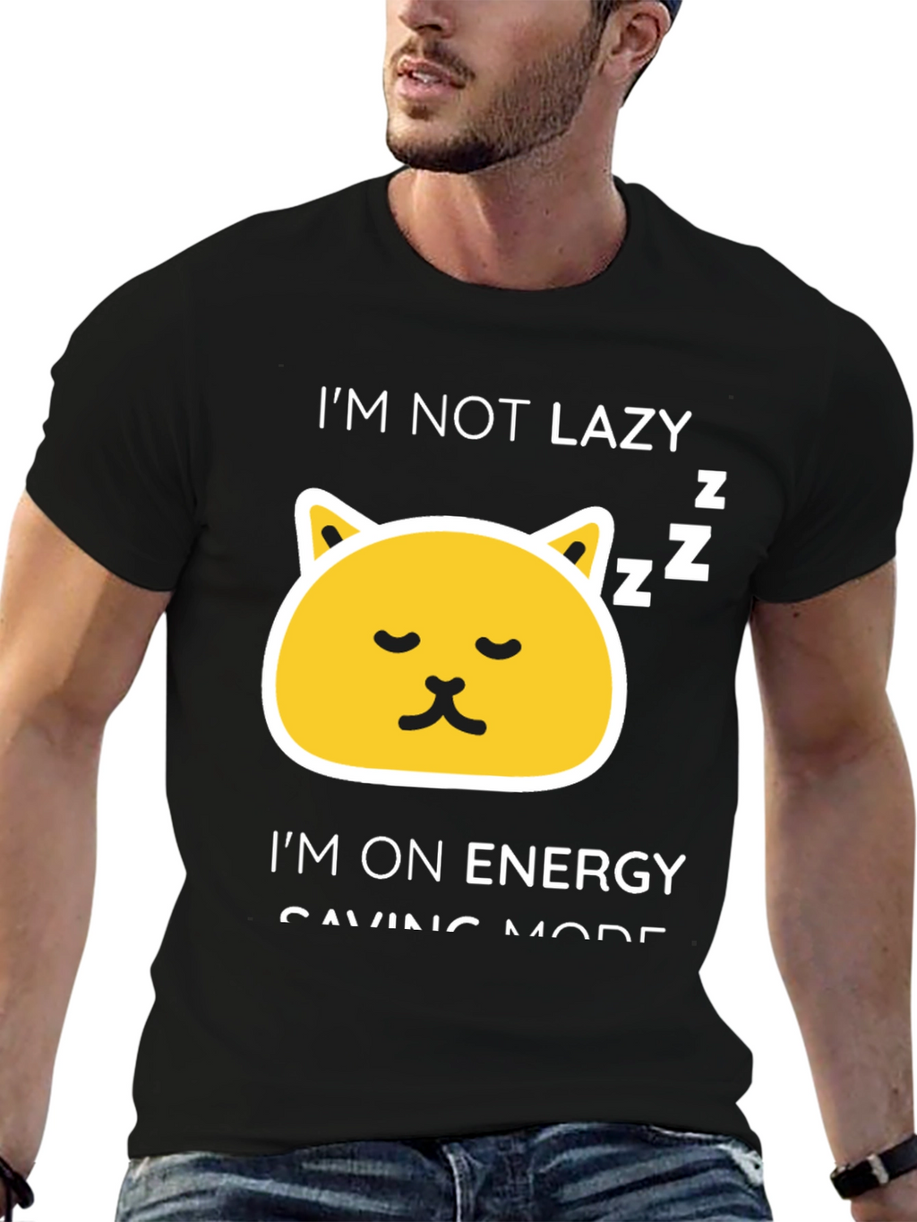 Funny Lazy Cat Energy Saving Mode Black T-Shirt