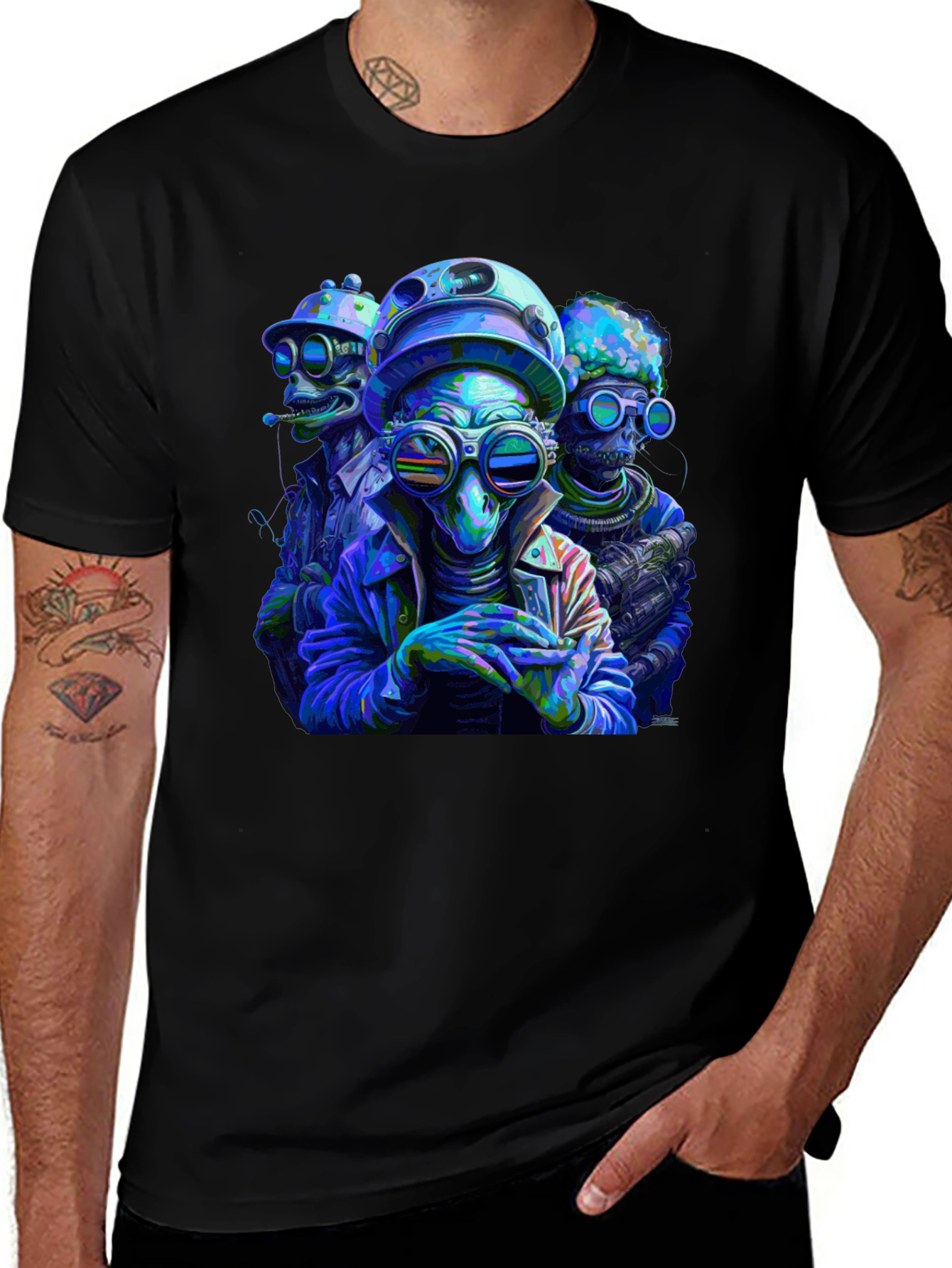 Cool Alien Squad Black Graphic Tee