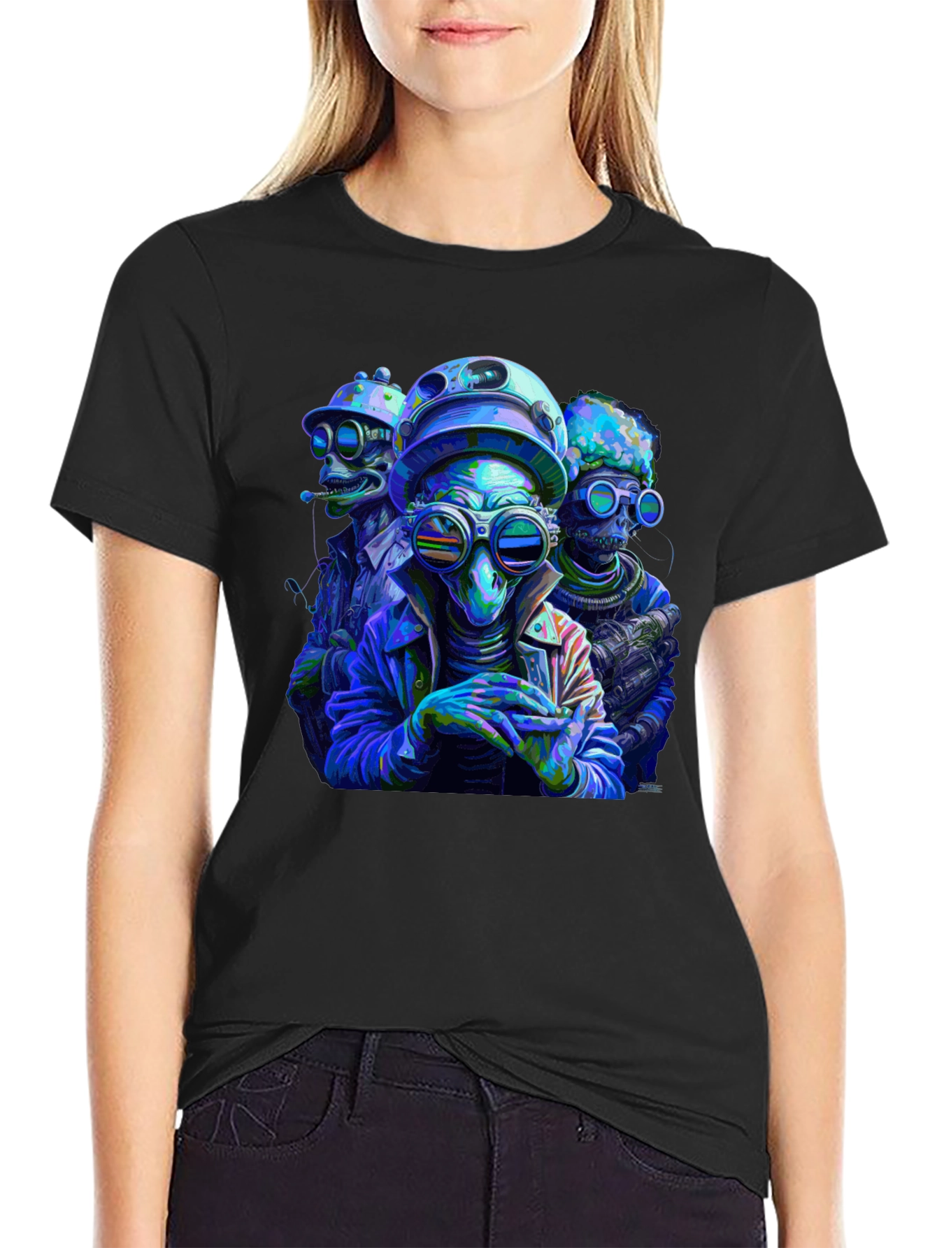 Cool Alien Squad Black Graphic Tee