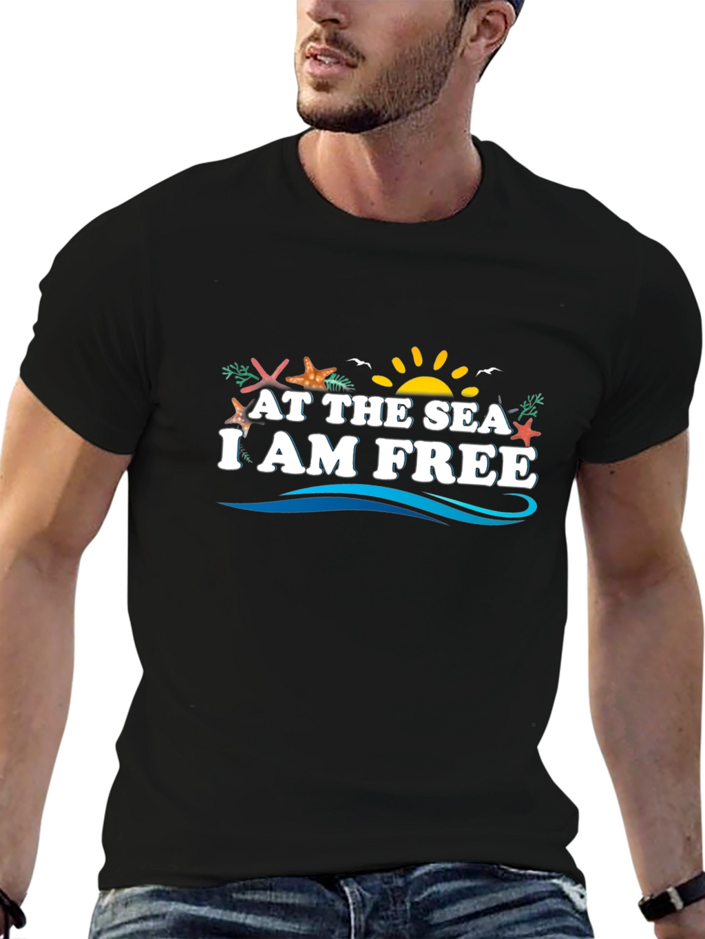 At The Sea I Am Free Black Graphic Tee