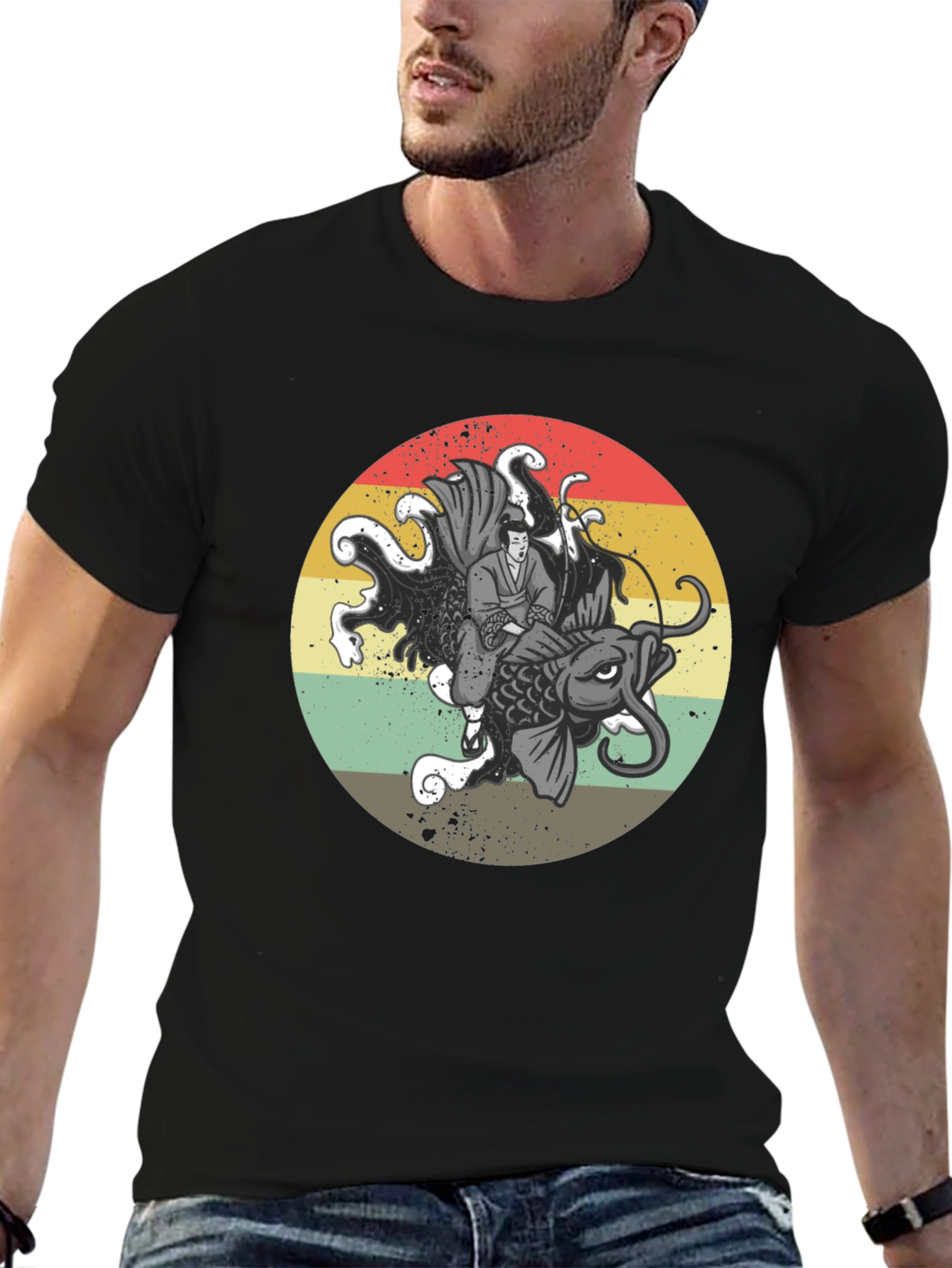 Samurai Koi Fish Graphic T-Shirt - Retro Japanese Art