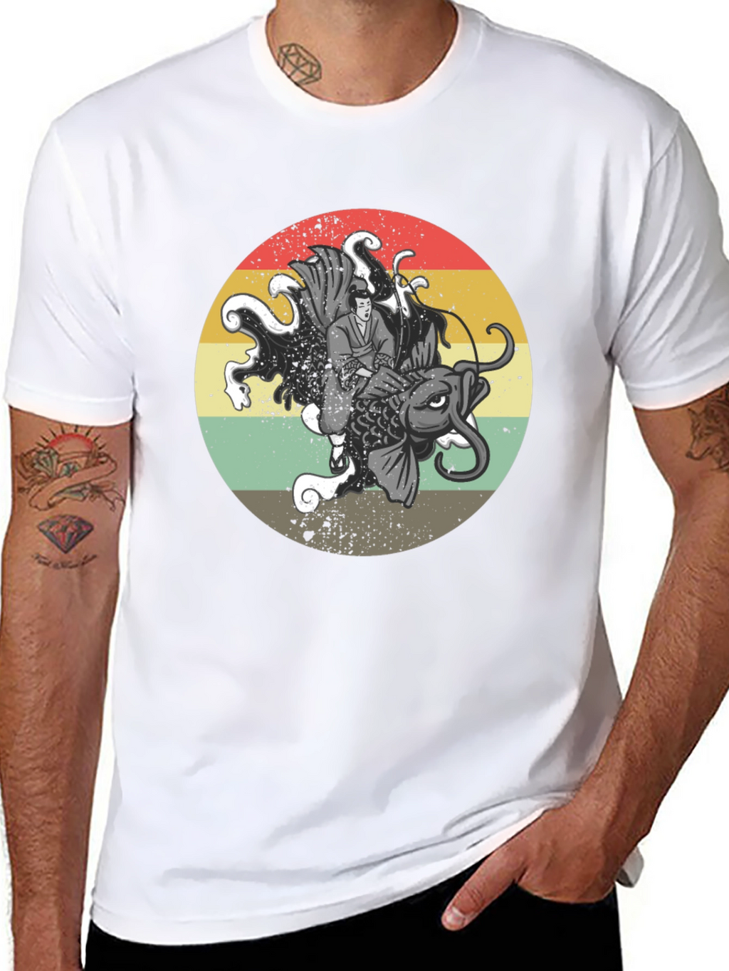 Samurai Koi Fish Graphic T-Shirt - Retro Japanese Art